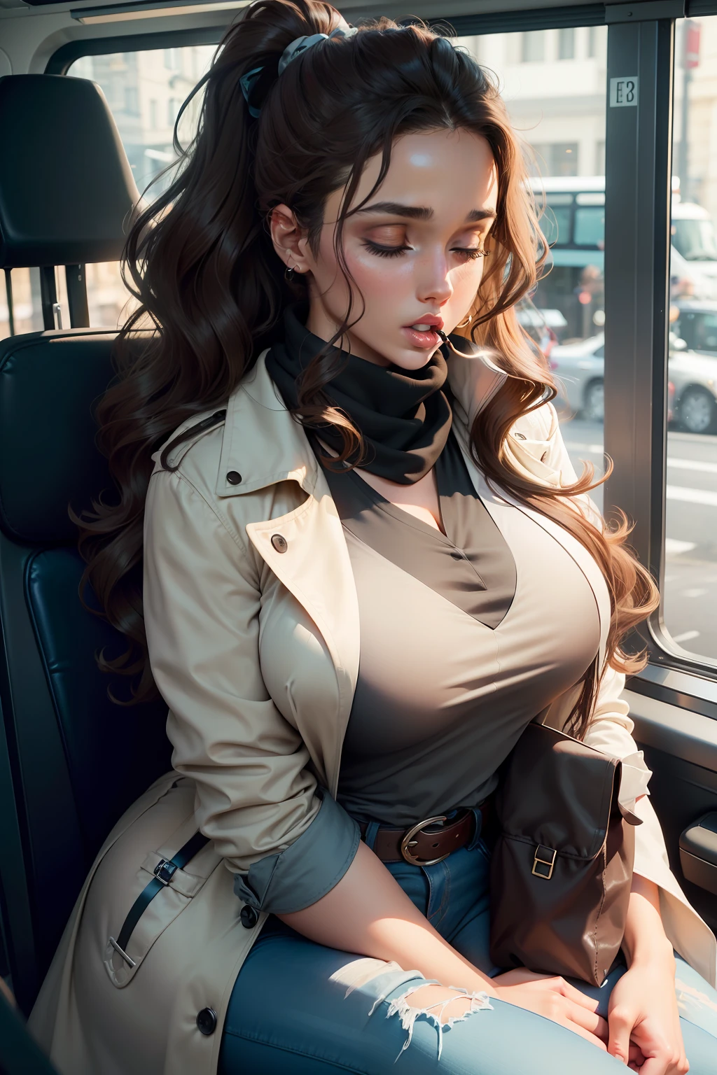 1 beautiful woman, large body, wavy brown hair, ponytail, eyelids made up, eyelids outlined with makeup, black low-cut polo shirt, light blue jeans, cream trench coat, brown high boots, cream scarf, black clutch, sleeping with her mouth open , asleep in the bus seat, mouth open, head shaking.