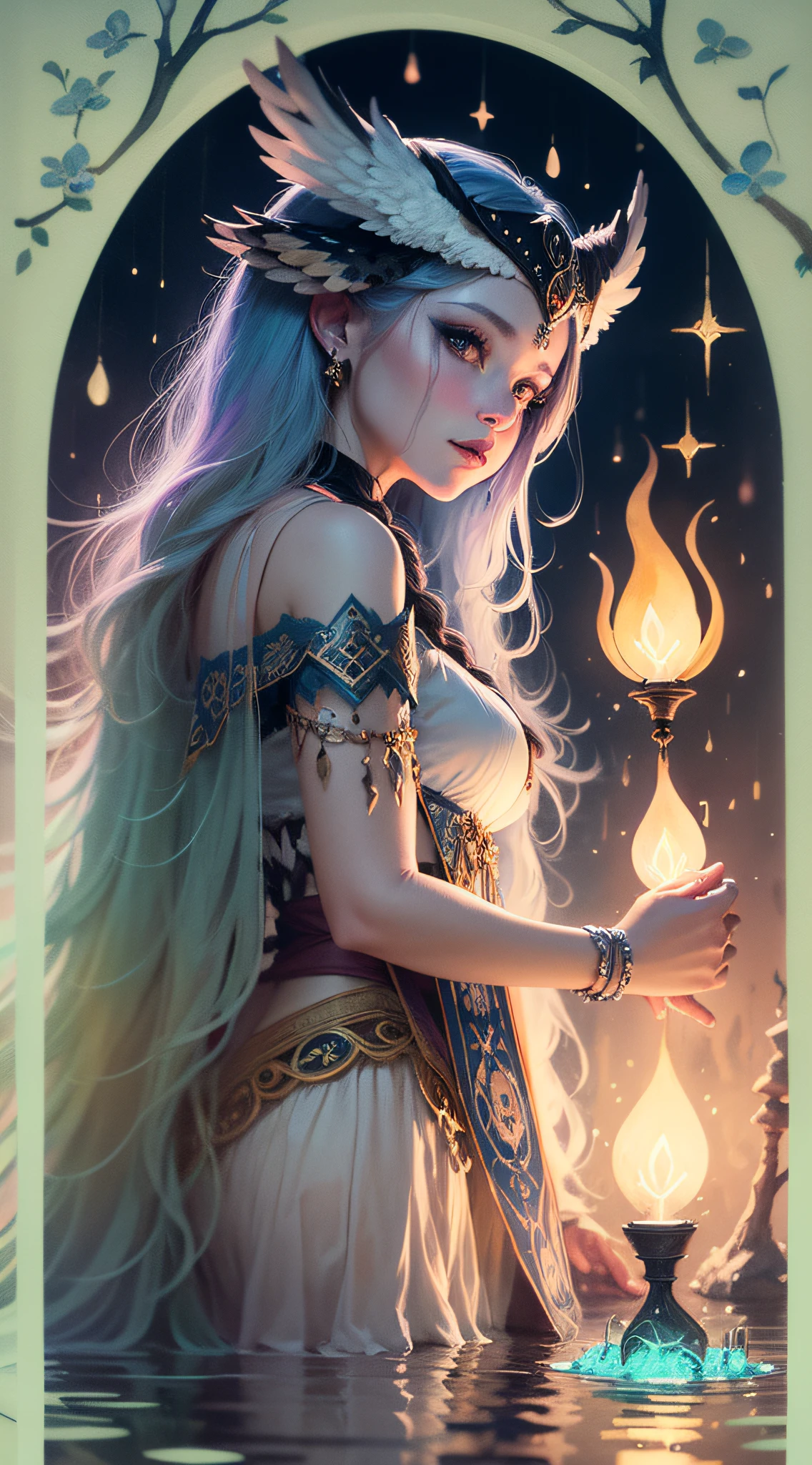 A mystical tarot card with a decorative border depicting "The Enchantress," a powerful sorceress standing by a moonlit lake, surrounded by weeping willows, casting a spell with glowing runes, mist rising from the water, an owl perched on her shoulder, evoking a sense of ancient magic and mystery, Illustration, watercolor on paper
