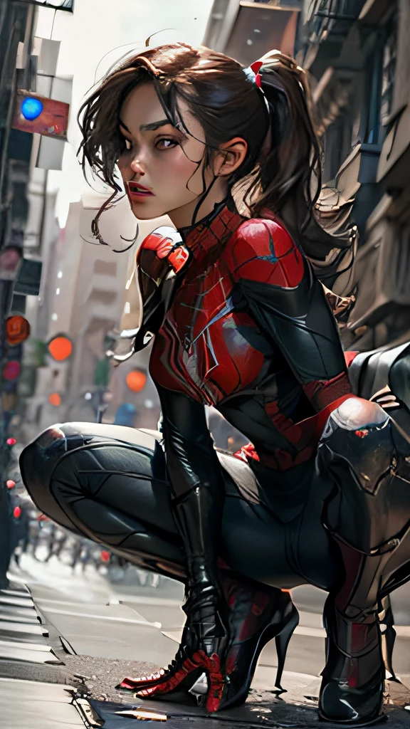 Beautiful woman with a detailed defined body using Spider-Man role-playing, small breasts, crouched on the ground with her back to the viewer