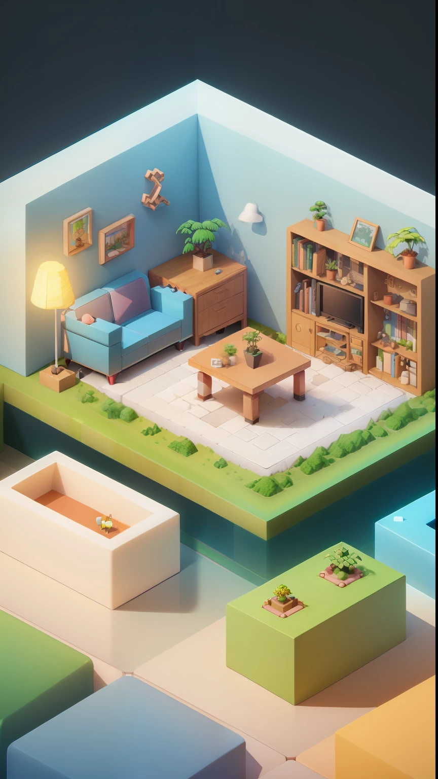 (Isometric perspective:1.5),(Pixar style:1.2), Room, bed, sofa,(small bonsai:0.8),desk lamp, TV, mural, 3D,Disney,Panoramic photo,White background, solid background,Global illumination, raytracing, modeling,HDR,octane render,unreal render,behance,dribbble,artstation,best quality, 8k,