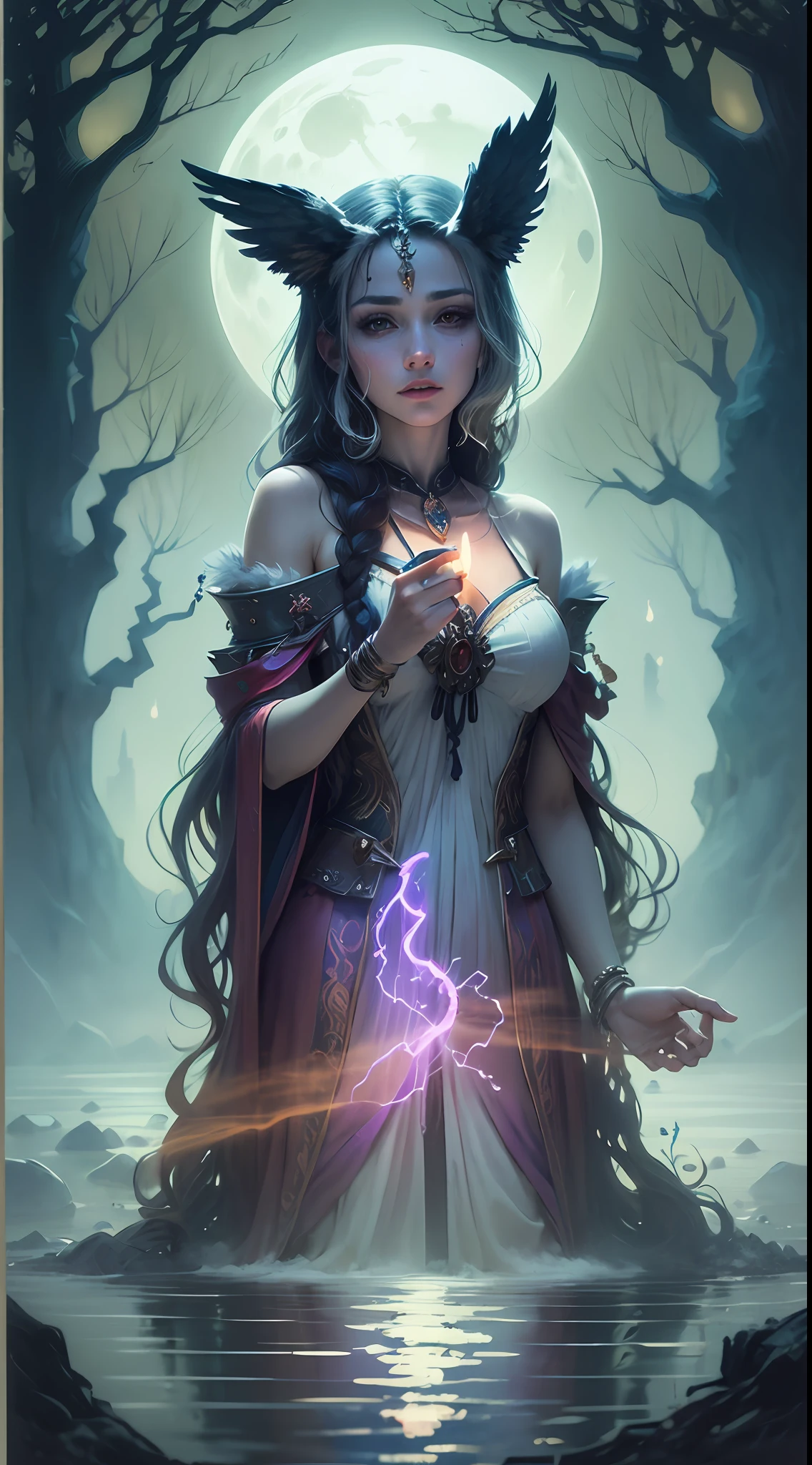 A mystical tarot card with a decorative border depicting "The Enchantress," a powerful sorceress standing by a moonlit lake, surrounded by weeping willows, casting a spell with glowing runes, mist rising from the water, an owl perched on her shoulder, evoking a sense of ancient magic and mystery, Illustration, watercolor on paper