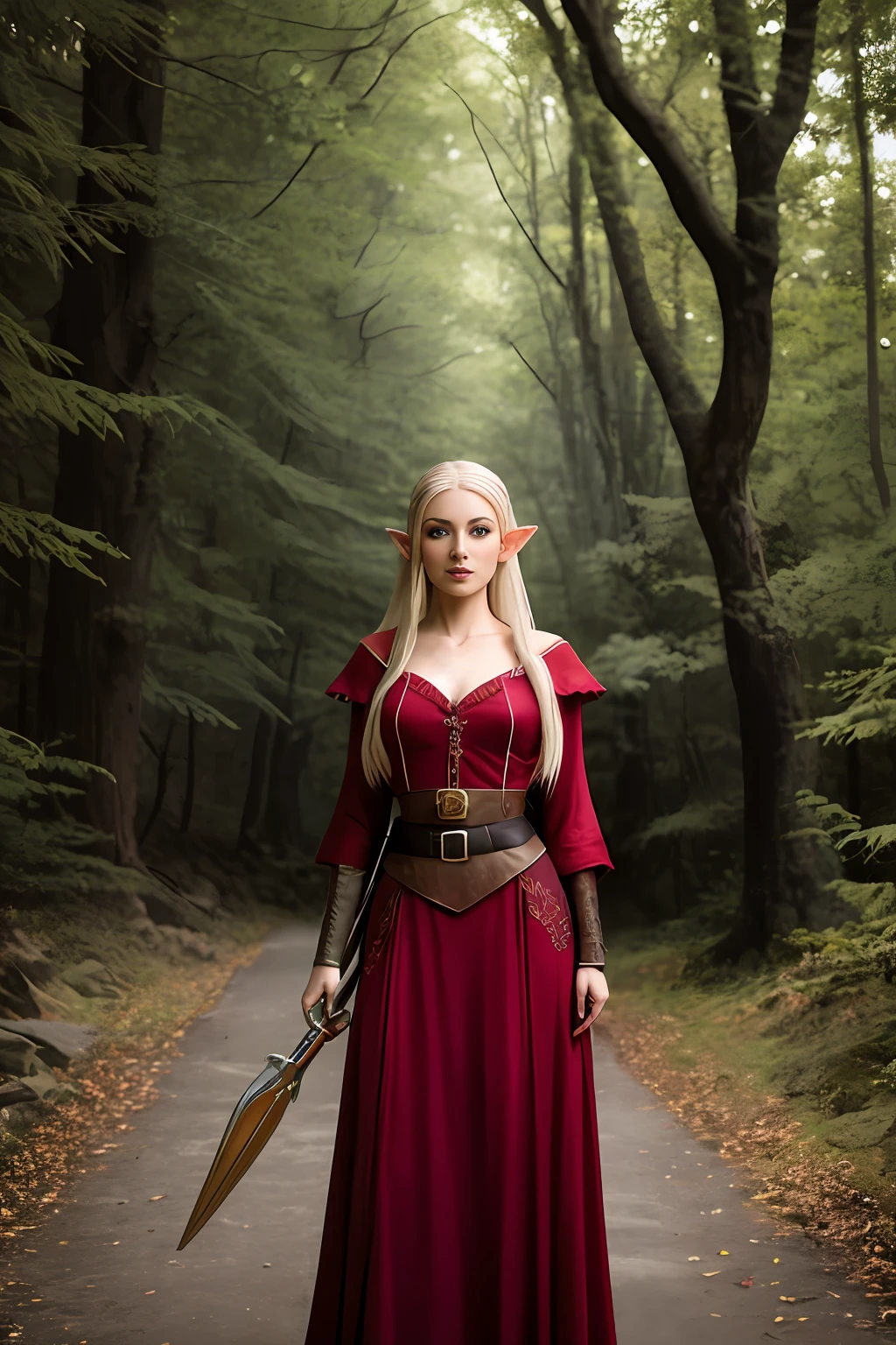 On the road stood a woman dressed in red。。。，（（Take the staff））（ portrait of an elf,） fantasy character photo,Portrait of a slim elven woman, Portrait of Lynn, （（（Young and beautiful）））, character photography, portrait of an elf, portrait of a forest mage, inspired by the senior character artist, A female elf, The wood elves, matte painting portrait shot