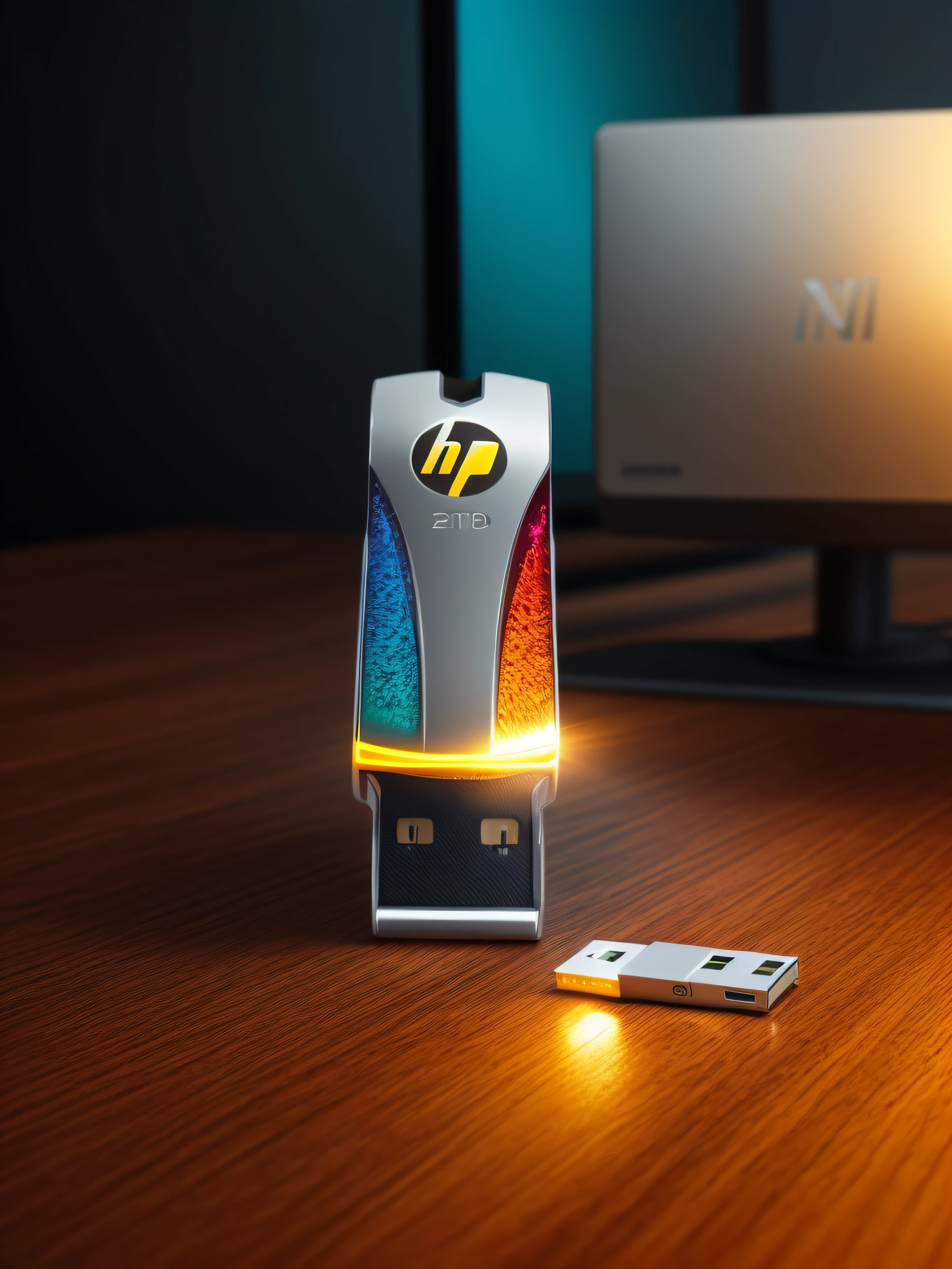 A USB stick rests on the smooth-textured wooden office desk in a computer room. The picture is clear (Sharp: 0.7) and displays a colorful explosion of psychedelic paints (cores: 1.21), with incredible detail. Na mesa, Accessories include the Nikon D850 with Kodak Portra 400 photo film and f1 lenses.6, garantindo cores ricas e textura realista. Lighting is dramatic, and all around are the computer, rato, teclado e cabo USB.