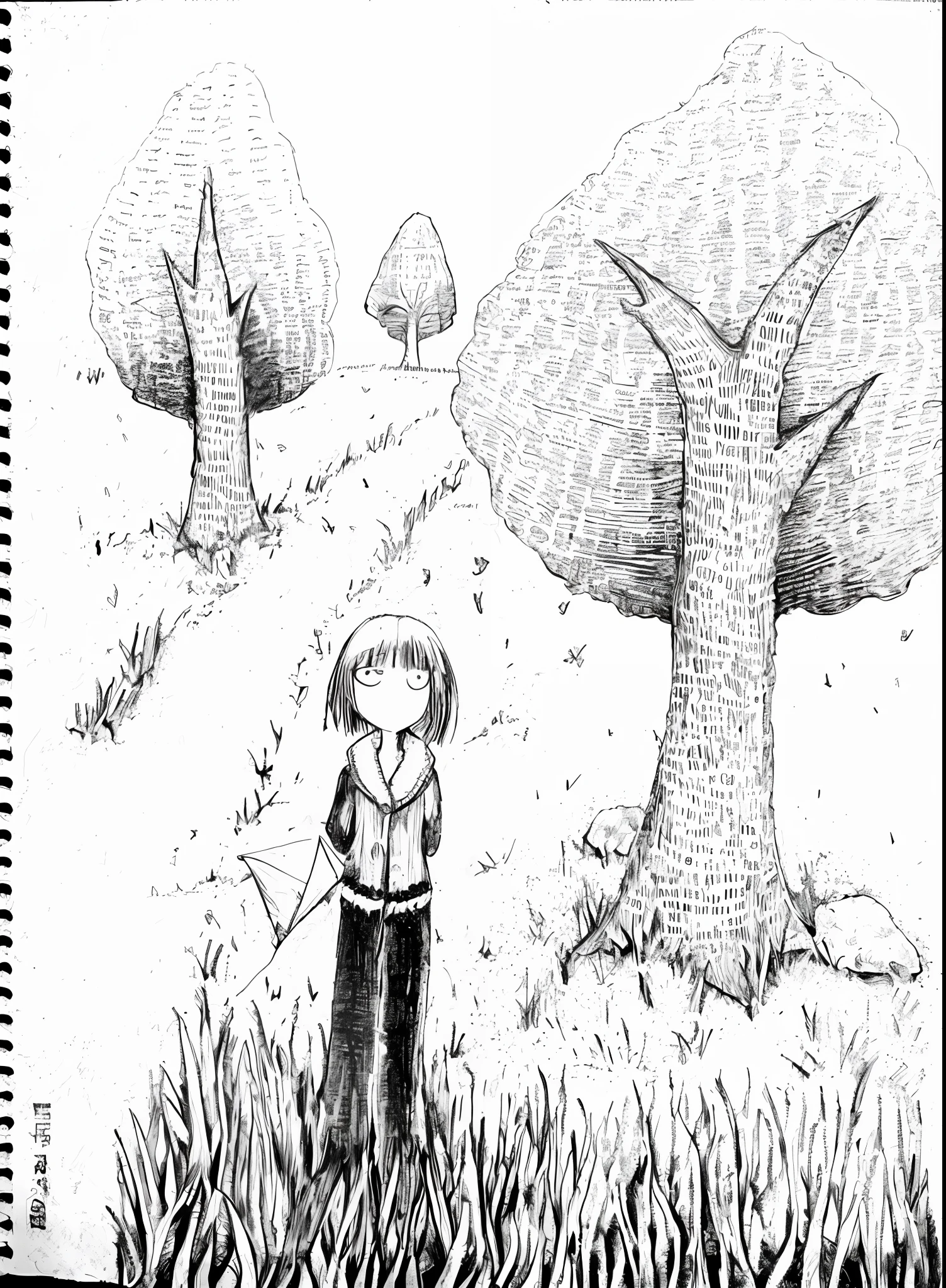 Draw a girl standing in a field with a tree, pencil and ink manga, Inspired by Junji Ito, pencil and ink manga drawing, some trees in the background, standing in forest, green trees!!, next to a tree, pencil doodle, with a tall tree, inspired by Kubisi art, standing in forest, walking through the trees