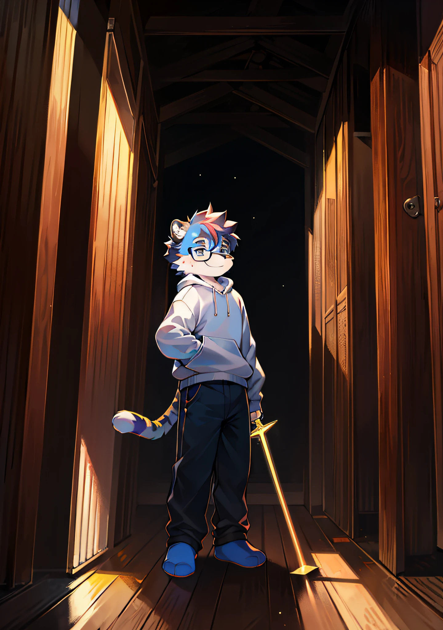 Bright environment:0.8),eyes with brightness, Upper body, Character focus.(detailedbackground:0.7), adolable，furry men， age，The head is on the large side，shaggy male，Sunny and cheerful，Smiling，Wear blue and black glasses，White sweatshirt，tigre，（Long felines，Shota，Normal standing posture）Stable and secure，Laser sword