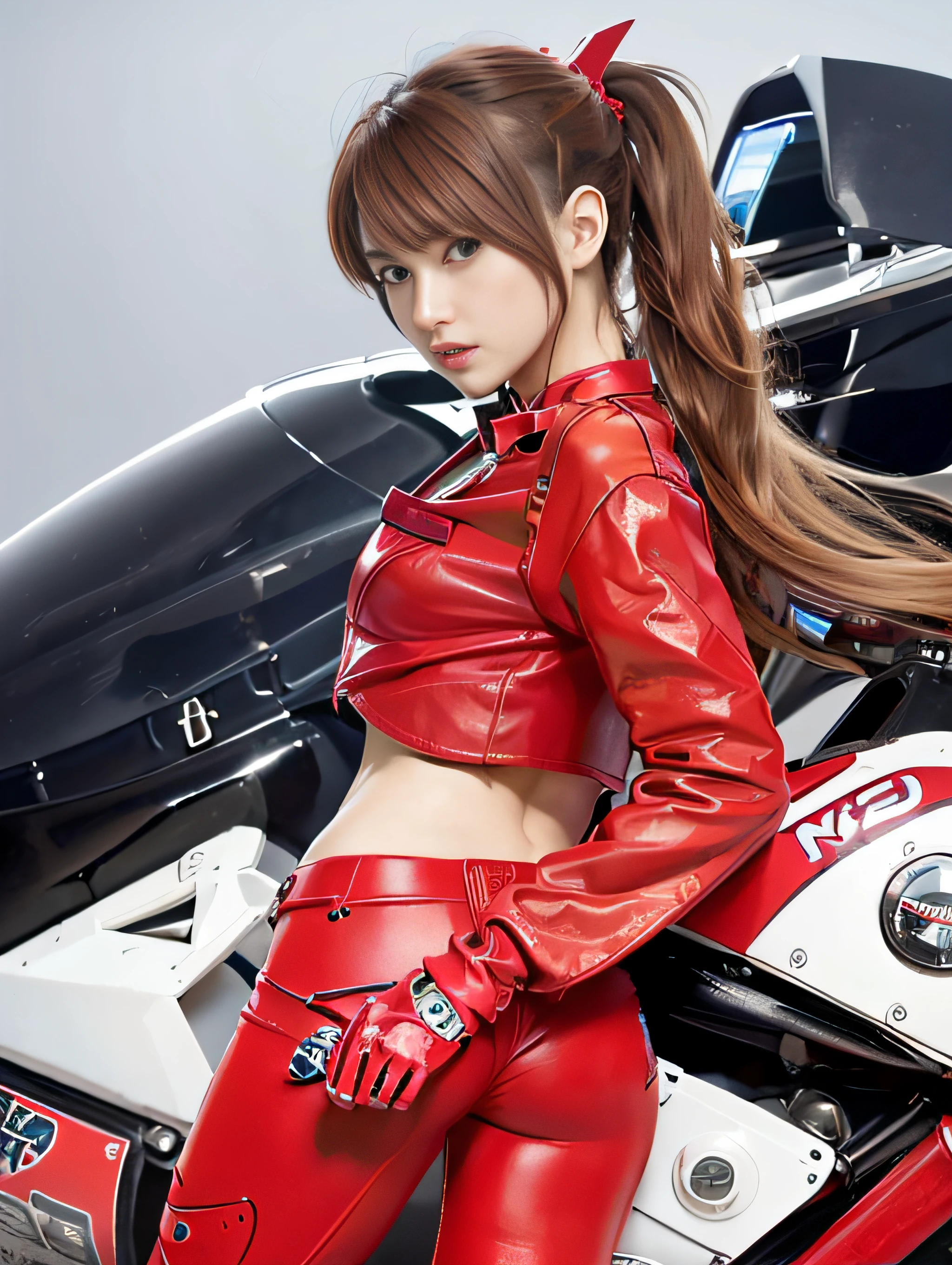 Official art, top-quality, ​masterpiece, 超A high resolution, (Photorealsitic:1.4), Raw photo, ((super realistic details)), portlate, globalillumination, Shadow, octan render, 8K, ultrasharp, Asuka, Eva 02, 1girl in, 13years, orange color hair, (long hair flowing with the wind), detailed face depiction, Almond-shaped sky blue eyes, long eyeslashes, shiny lip, Tsundere and playful look, (Red low-rise leather pants), (Pure White Cropped T-Shirt:1.4), (Underbust exposure), (Red Down Jacket:1.1), big breasts thin waist, (Akira Bike Red:1.4), cycling, natta, Cyberpunk City View,
