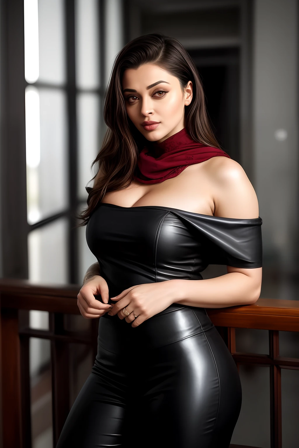 Aishwarya rai as corporate lady, full body picture, leather formal trousers with micro mini red off shoulder strapless cowl neck top, high heels, athletic curvy figure, open hair, deepcut neckline, huge cleavage show, erotic pose in balcony, day scene, hourglass figure, big breasts, fit, seductive face, look at camera and wink, erotic adult face, 40 yo, soft volumetric lights, intricate details, (ArtStation:1.2)