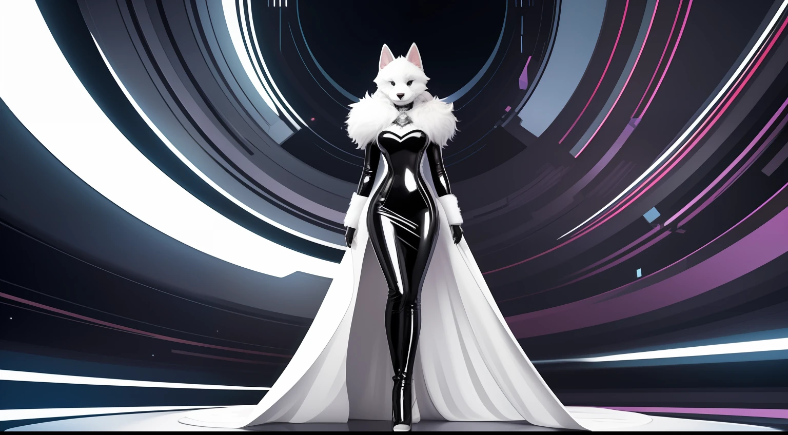 in frame, full body, furry art, white, animal doggy, dressed in Tight Slim Long Deep Black Shiny Metallic Latex Gown, sci-fi night city, vector art by Sōami, behance contest winner, furry art, fron, Marvel Comics aesthetic, centered artwork, perfect symmetry, Adobe Illustrator, 2d