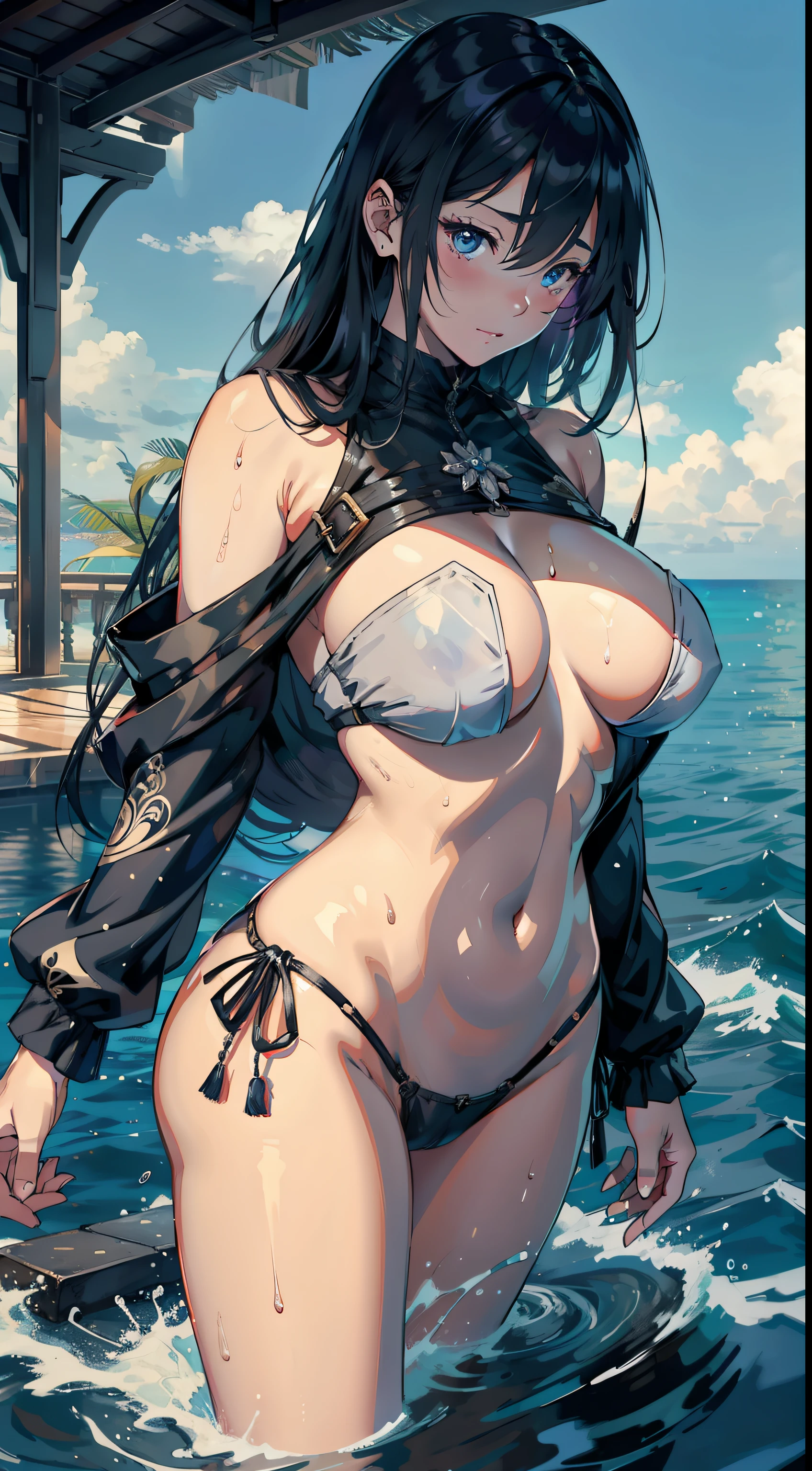 1female,46 years old,Huge breasts,no head gear,独奏,over-Tortoise Man,the ocean, Pornographic exposure,Skysky,the night, She has long flowing black hair,Sweat profusely,hair wet,clothes wet,There is water on the body,Sateen,比基尼,Bigchest, From the front side,Bare shoulders, hair straight, ,mostly cloudy sky,(((tmasterpiece),(Very detailed CG unity 8K wallpaper),best qualtiy,cinmatic lighting,detailed back ground,beatiful detailed eyes,Bright pupils,(Very fine and beautiful),(Beautiful and detailed eye description),ultra - detailed,tmasterpiece,)),facing at camera,A high resolution,ultra - detailed),standing on your feet,Very long hair,Emotive expressions,Open-mouthed,legs are open,,Chest sagging,nakeness, Bulge,revealing breasts,Camel toes,with no underpants,extremely large bosom,Extremely colorful,Most detailed,fully body photo,The face is well lit,NOWAI
