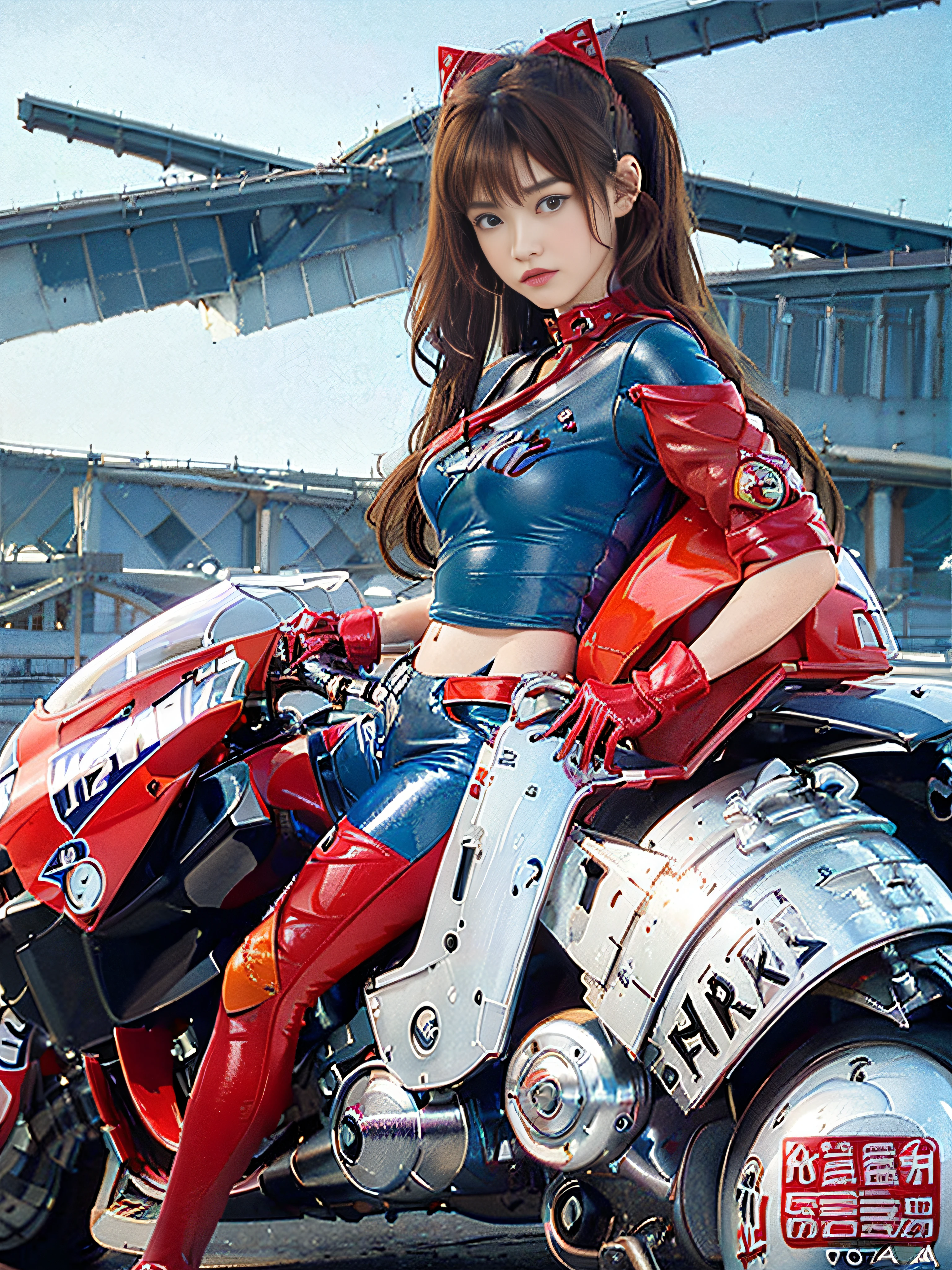 Official art, top-quality, masterpiece, 超A high resolution, (Photorealsitic:1.4), Raw photography, ((super realistic details)), portlate, globalillumination, Shadow, octan render, 8K, ultrasharp, Asuka, Eva 02, 1girl in, 13years, orange color hair, (long hair flowing with the wind), detailed face depiction, Almond-shaped sky blue eyes, long eyeslashes, shiny lip, Tsundere and playful look, (Red low-rise leather pants), (Pure White Cropped T-Shirt:1.4), (Underbust exposure), (Red Down Jacket:1.1), big breasts thin waist, (1 Akira Bike Red:1.4), cycling, natta, Cyberpunk City View, Ultra-detailed CG image quality,