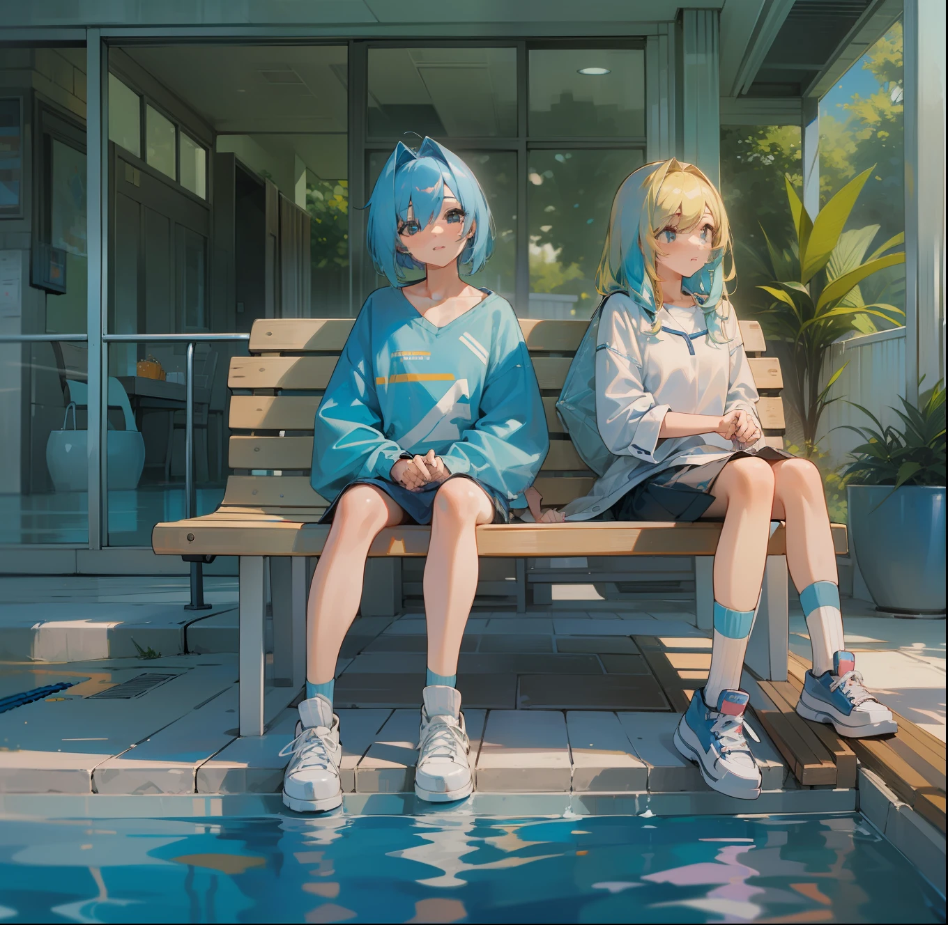 ((Best quality)), (2girls: blue hair, and blonde hair), sitting in a bench, (pool in front of the bench), modern house