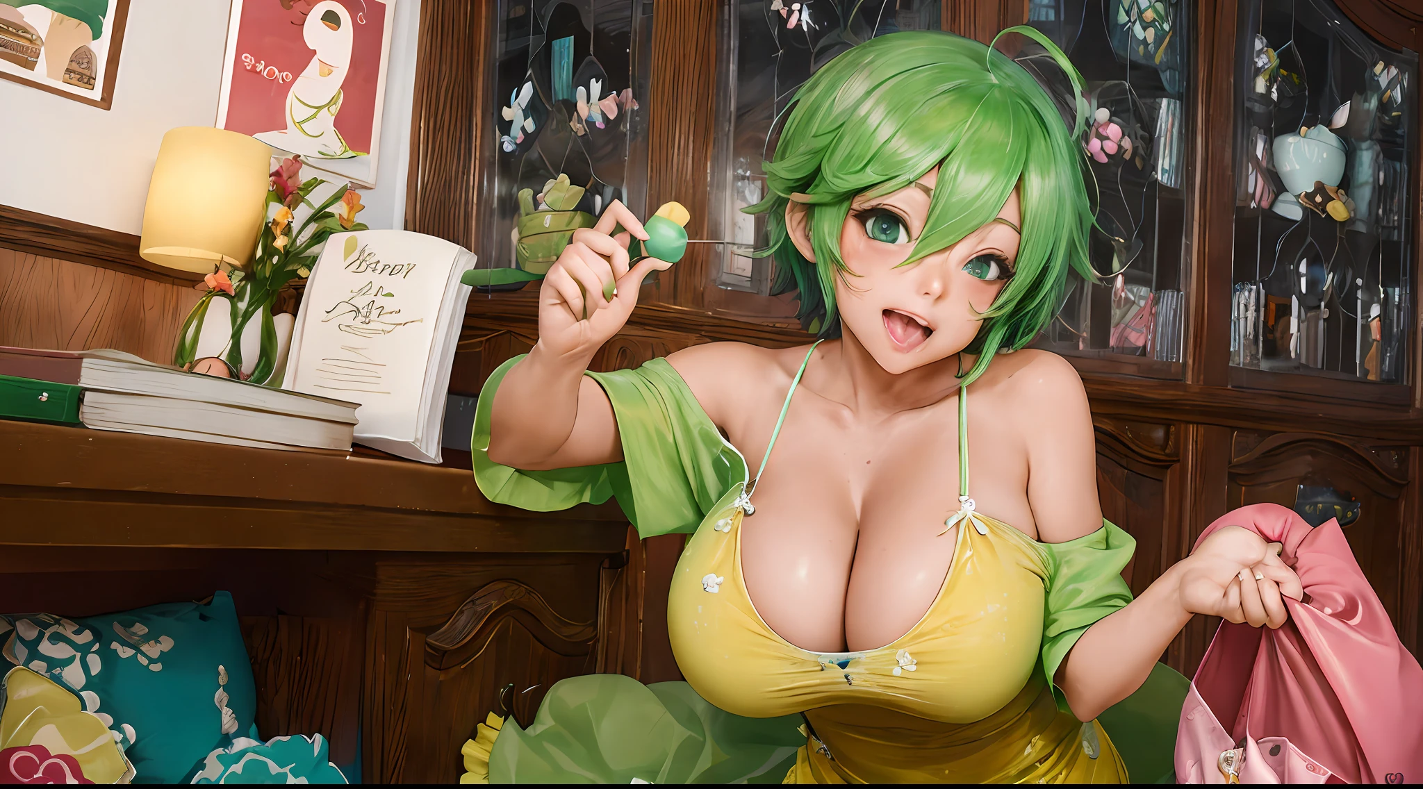 komeiji koishi 
, ahoge 
, blush 
, book 
, bookshelf 
, breasts 
, cleavage 
, cleavage cutout 
, clothing cutout 
, collarbone 
, cowtits 
, dress 
, fingernails 
, food 
, green eyes 
, green hair 
, green nails 
, holding 
, holding food 
, ice pop 
, indoors 
, large breasts 
, nail polish 
, off-shoulder shirt 
, off shoulder 
, open mouth 
, shirt 
, short hair 
, short sleeves 
, solo 
, suggestive fluid 
, third eye 
, tongue 
, tongue out 
, yellow dress