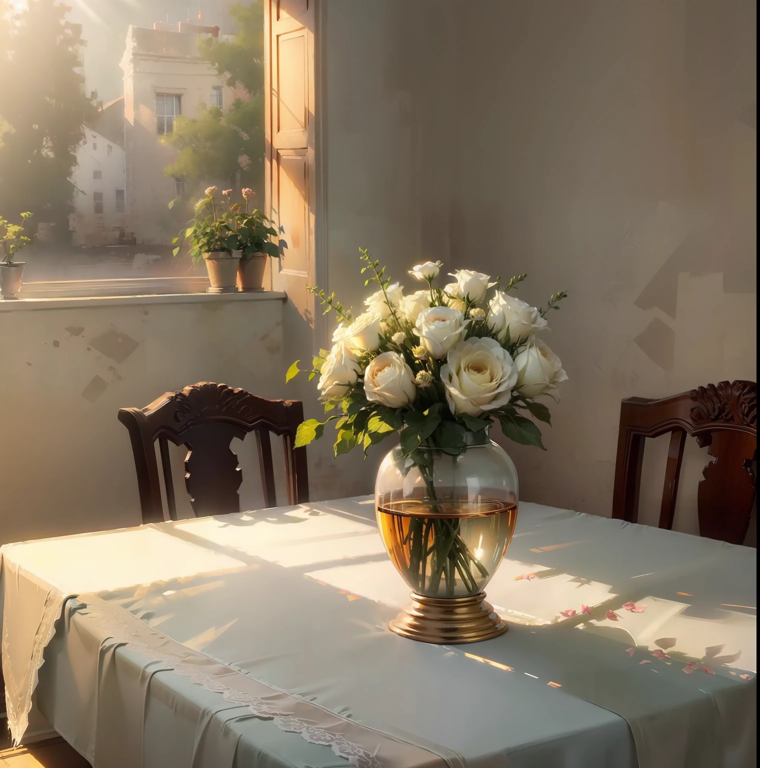 Sunlight on flowers Vase on dining table Lace tablecloth on dining table