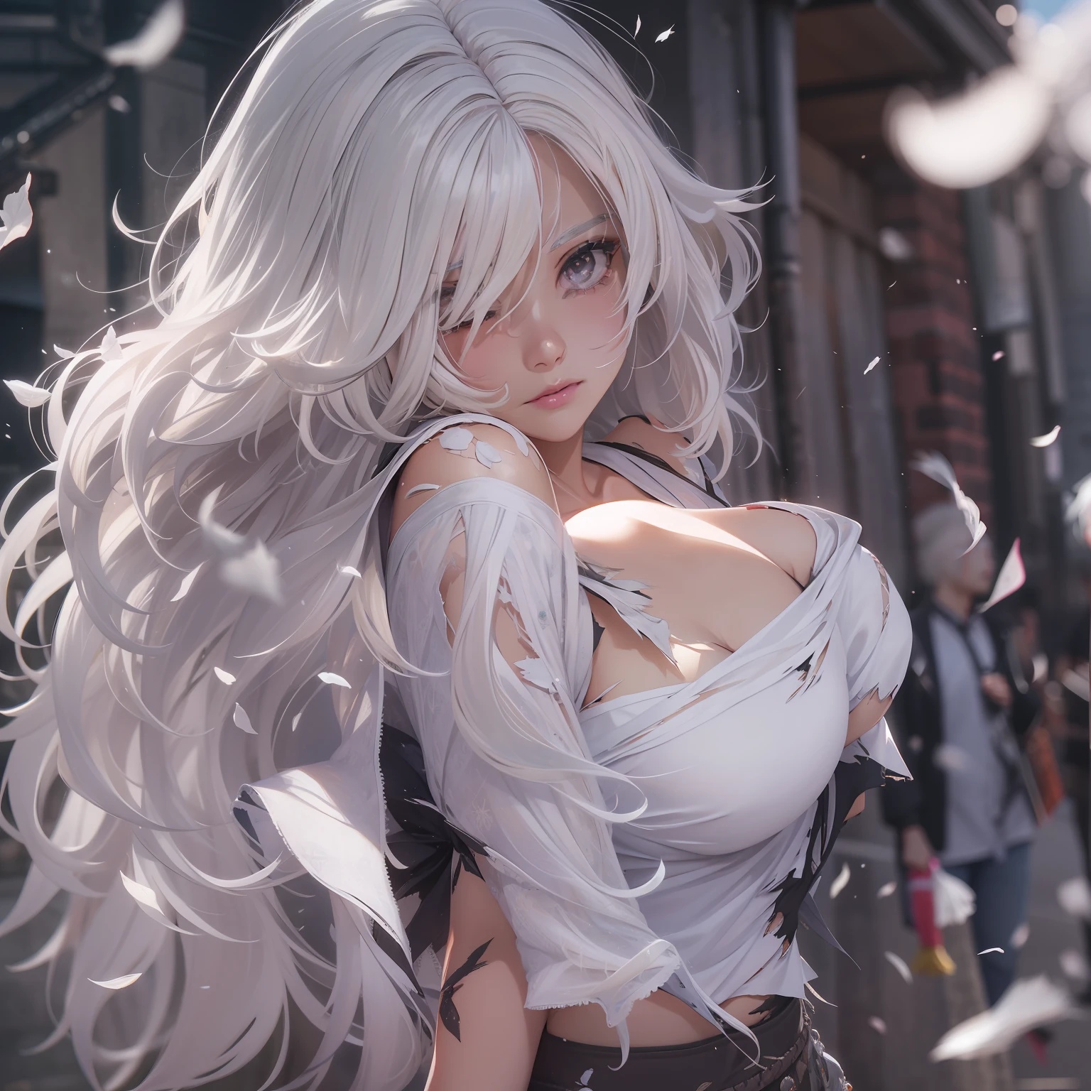 top-quality、Photorealsitic、8K、hight resolution、1girl in、femele、(Skindentation)、(large full breasts)、(profetional lighting、bokeh dof)、(a street)、(flower petals、many:0.6)、Sad face、fansty world(natta:1.2)、(white hair:2.0)、(Torn blouse:1.5)、(Portate:0.6)、tatteredclothing、Damaged clothing、a gorgeous、Clothes torn、bloom、(Floating hair)、(light particules、lensflare、Luminous particles:0.6)、(dynamicposes:1.2)、softlighting、