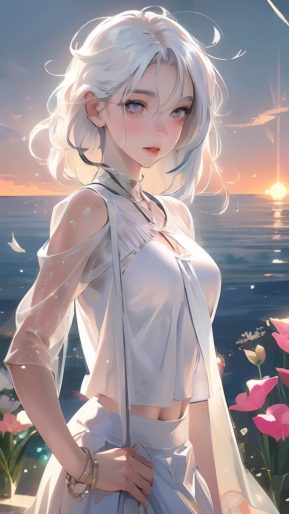 Realistic, 1girl, white hair, purple eyes, glowing eyes, cropped top, skirt, parted lips, blush, night, flowers, sun, sunlight, white skirt, short skirt, medium length hair, real, warm colors, white short Dress, white clothes, light background color, day environment, bright color background, saudi, ocean, cute,