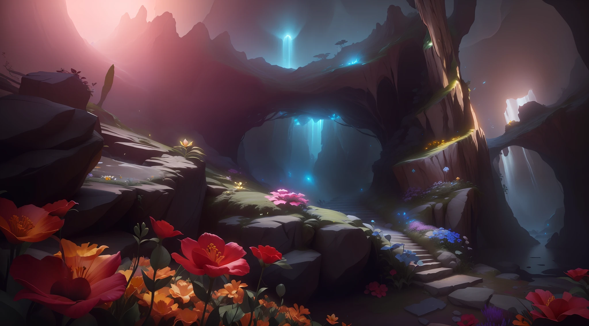 There is a cave with flowers growing out of it, Unreal Engine Arte de fantasia, Atmosfera floral, bela cena da caverna da fantasia, Magic Cave, motor irrealpintura digital | | |, magical ambiance, plantas dentro da caverna, Unreal Engine 5 Arte Digital, Unreal motor 4k papel de parede, 8k resolution digital painting, 8k resolution digital painting, Summer Unreal Engine 5, 🌺 CGSetnação, muitas flores amarelas.