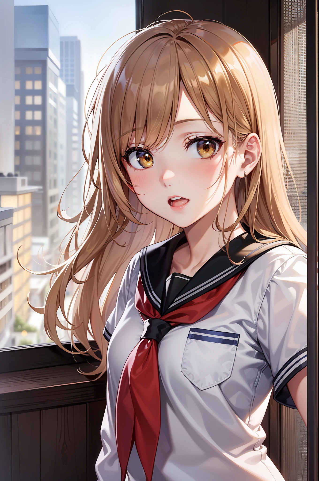 Center of the picture, real texture, detailed lighting, delicate shadows, super high resolution, (brown eyes), (cute and sexy with a little mature face), (Japanese school uniform), HDR, 8k resolution, flowing bangs, (yellow transparent white skin), (girl with a height of one meter and five meters), in a nightclub, 1girl, floating long blonde hair, small breasts, cute, looking at the scenery outside the window, singing karaoke