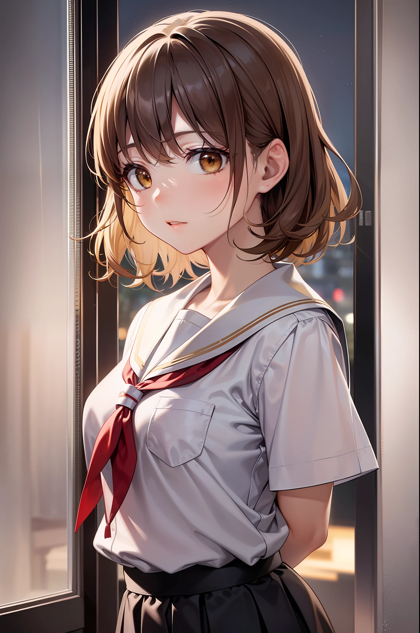 Center of the picture, real texture, detailed lighting, delicate shadows, super high resolution, (brown eyes), (cute and sexy with a little mature face), (Japanese school uniform), HDR, 8k resolution, flowing bangs, (yellow transparent white skin), (girl with a height of one meter and five meters), in a nightclub, 1girl, floating long blonde hair, small breasts, cute, looking at the scenery outside the window, singing karaoke