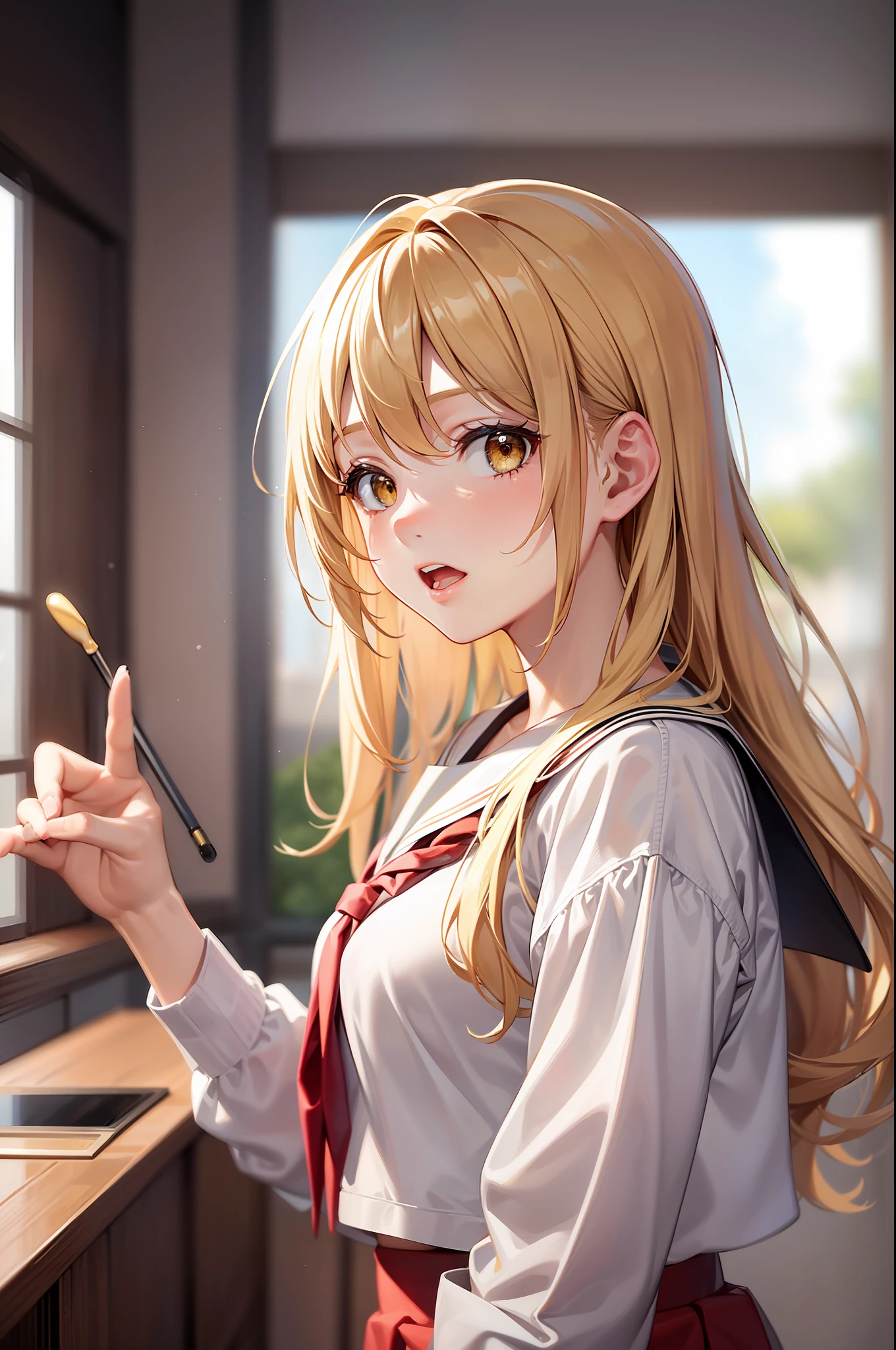 Center of the picture, real texture, detailed lighting, delicate shadows, super high resolution, (brown eyes), (cute and sexy with a little mature face), (Japanese school uniform), HDR, 8k resolution, flowing bangs, (yellow transparent white skin), (girl with a height of one meter and five meters), in a nightclub, 1girl, floating long blonde hair, small breasts, cute, looking at the scenery outside the window, singing karaoke