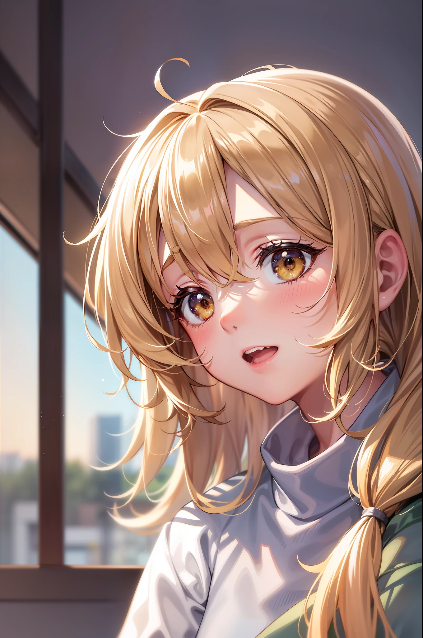 Center of the picture, real texture, detailed lighting, delicate shadows, super high resolution, (brown eyes), (cute and sexy with a little mature face), (Japanese school uniform), HDR, 8k resolution, flowing bangs, (yellow transparent white skin), (girl with a height of one meter and five meters), in a nightclub, 1girl, floating long blonde hair, small breasts, cute, looking at the scenery outside the window, singing karaoke