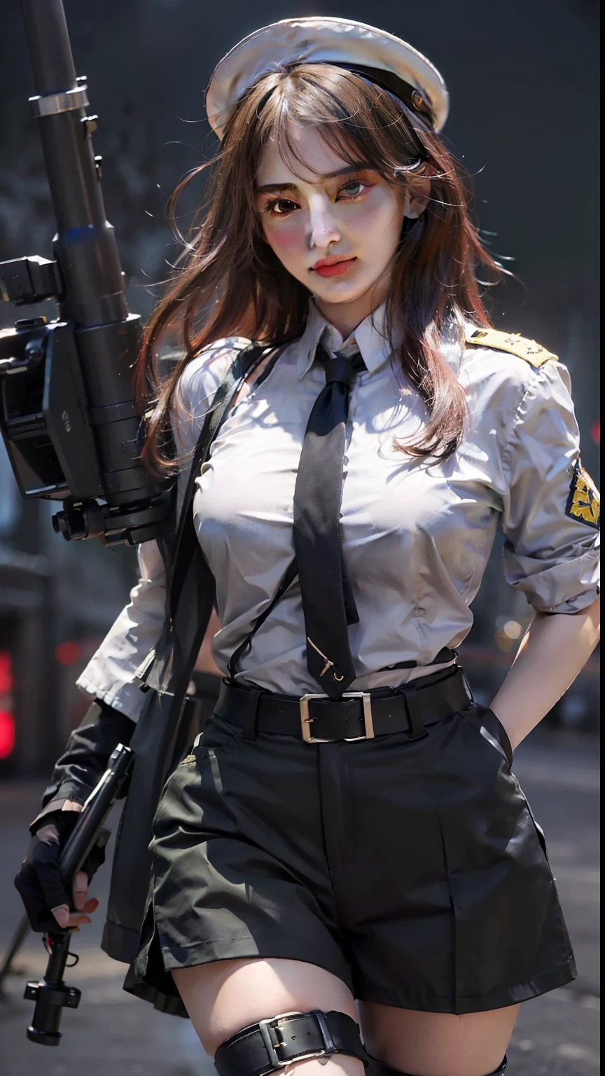 (1girll:1.3), (Best quality, Masterpiece, 超高分辨率, 4K, hdr, hyper HD, 64k),(Photorealistic:1.3), (Realistic:1.3), Depth of field, Charming,(full bodyesbian:1.2), (Outdoors:1.2), (Night:1.2), (filmgrain:1.2), (Dim light:1.2), (military base:1.3), (sniper rifles:1.2),(Closed mouth), (Light smile:1.2), (Expressive hair:1.2), (Floating hair:1.2), ([black|Red]Hair:1.2), ([black] Long-term military_uniform:1.3), (Close button:1.2), (Cross necklace:1.2), (shorter pants:1.2),Busty, vivacious and seductive, (only one girl:1.2),(standing:1.2), (Slender:1.2), (Slender legs:1.2), (Slim legs:1.2), (Long legs:1.3), (view the viewer:1.2), (angle of view:1.3), (female focus:1.2), (Dynamic pose:1.2), (straight-on:1.2), (Large breasts:1.2),