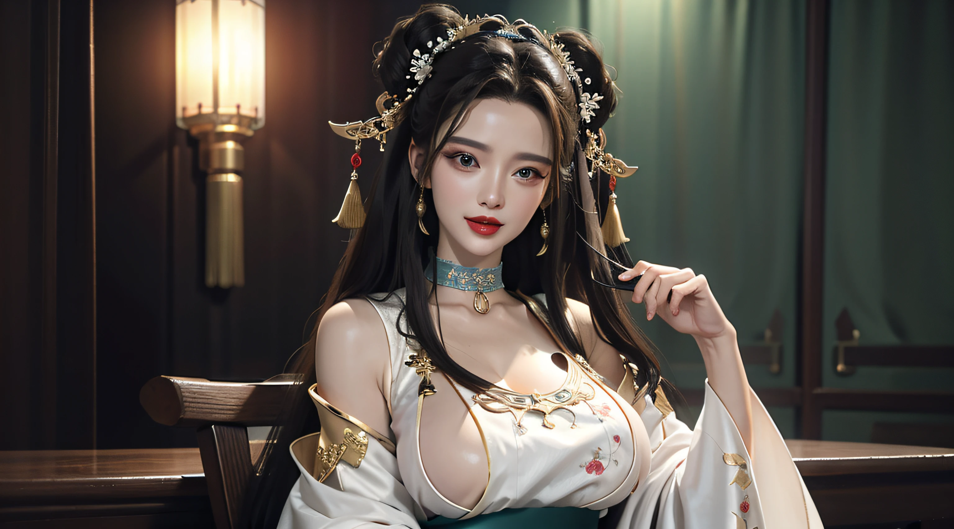 1female，huge tit，brunette color hair，Keep one's mouth shut，（Hanfu），Hanfu，Redlip，耳Nipple Ring，florals，hair adornments，jewelry，long whitr hair，Look at the audience，choker necklace，Portrait，ssmile，独奏，A half body，（Shiny skin）， （tmasterpiece：1.4），（best qualtiy：1.4）