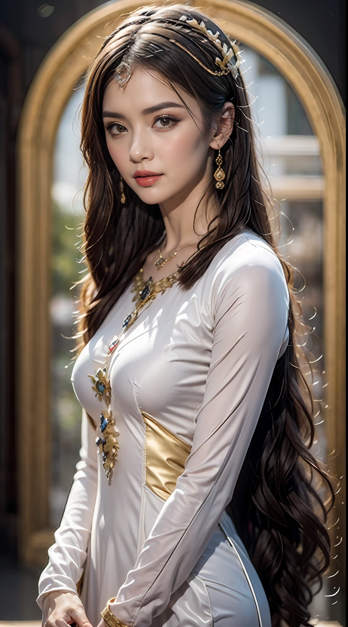 Portrait of a young 20-year-old saint, a saint with a beautiful and super cute face,Wearing a thin red dress with gold edging and glittering and sexy, Ao dai is studded with small sparkling pearls, beautiful cute face, Chinese cute doll, Ao dai with a deep slit in the chest and attractive black and white lace trim, beautiful face without blemishes, shut up, ((long hair seven colors rainbow:1.2)), big crown, hair brooch, hanfu dress, chinese ancient style, full body jewelry, forehead tattoo, The female saint's breasts are round and very full, breast augmentation, innocent face, The most beautiful and detailed light red lipstick, ((Thin plump lips:0.3)), ((Golden eyes:1.2)), The eyes are delicately decorated,(white and detailed) cinematic, light and dark, dramatic lighting, magical light, extremely detailed light, true color, super sharp, realistic, 8k quality, fantasy universe background, saints and magical space, the most detailed images, Solo, a saintess, ((looking directly at the saint's upper body:0.4)), ((smooth skin:0.5)), Extremely detailed pixels, super true, extremely detailed and complex graphics, the highest resolution, close-up portrait,