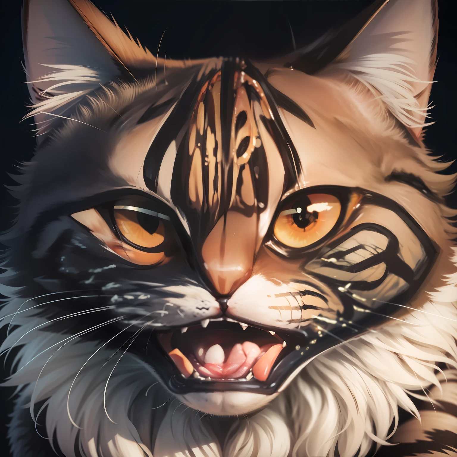 Angry cat，The corners of the mouth are raised，Painful expression