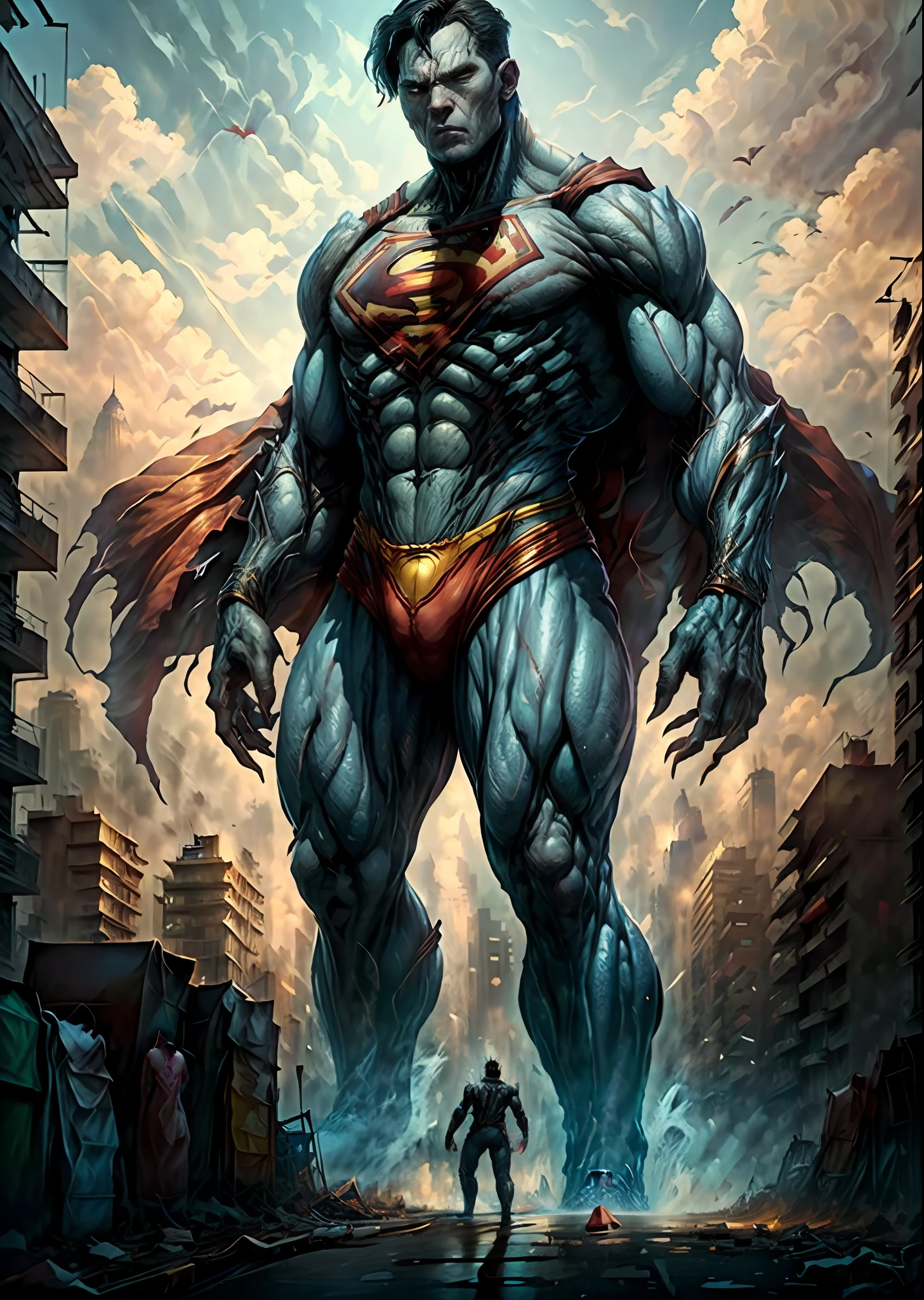 (8k, best quality, masterpiece:1.2), ultra realistic, masterpiece, solo, slum city backdrop, full body, monster, detailed backdrop, standing, superman
