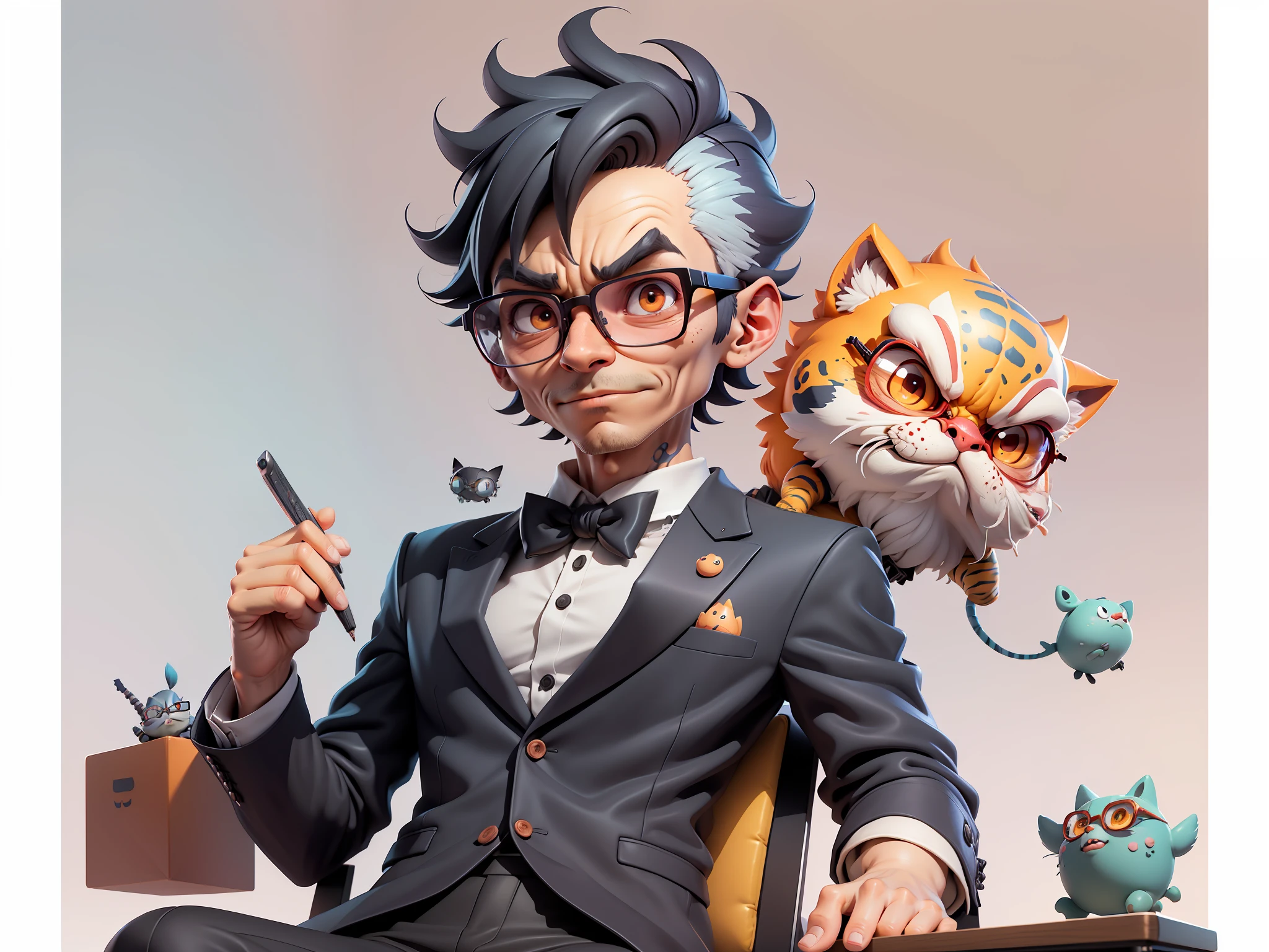 A young man in a suit and pants, Short hair and glasses sat at his desk，holding laptop，digitial painting，tigre，3D character design by Mark Clairen and Pixar and Hayao Miyazaki and Akira Toriyama，4K HD illustration，Very detailed facial features and cartoon-style visuals。