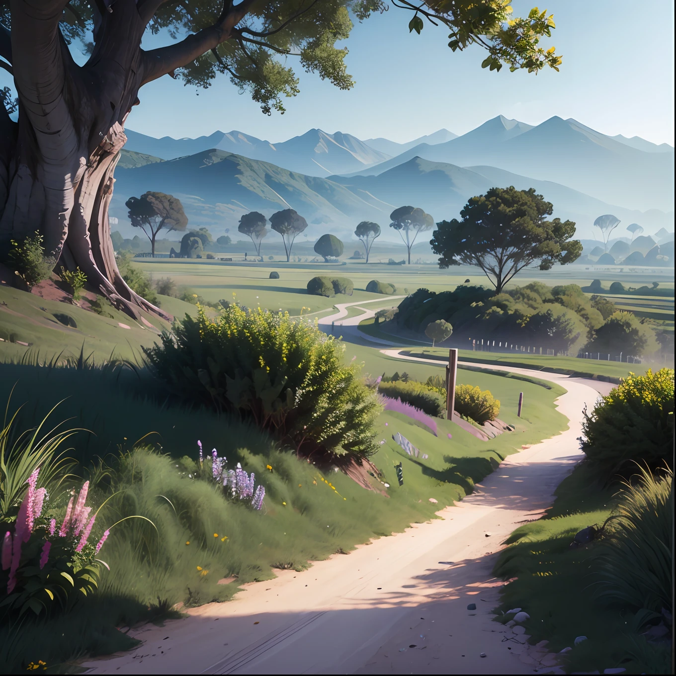estrada de terra com uma pequena cabine ao lado dela, Tinta escura renderizada em 3D, paisagem fotorrealista, beautiful render of a landscape, pintura escura fotorrealista, illustration matte painting, tinta digital escura, 8k resolution digital painting, 8k resolution digital painting, Pintura digital fosca 4K HD, Renderizado em corona, Pintura escura de foco suave, 3D render e pintura fosca