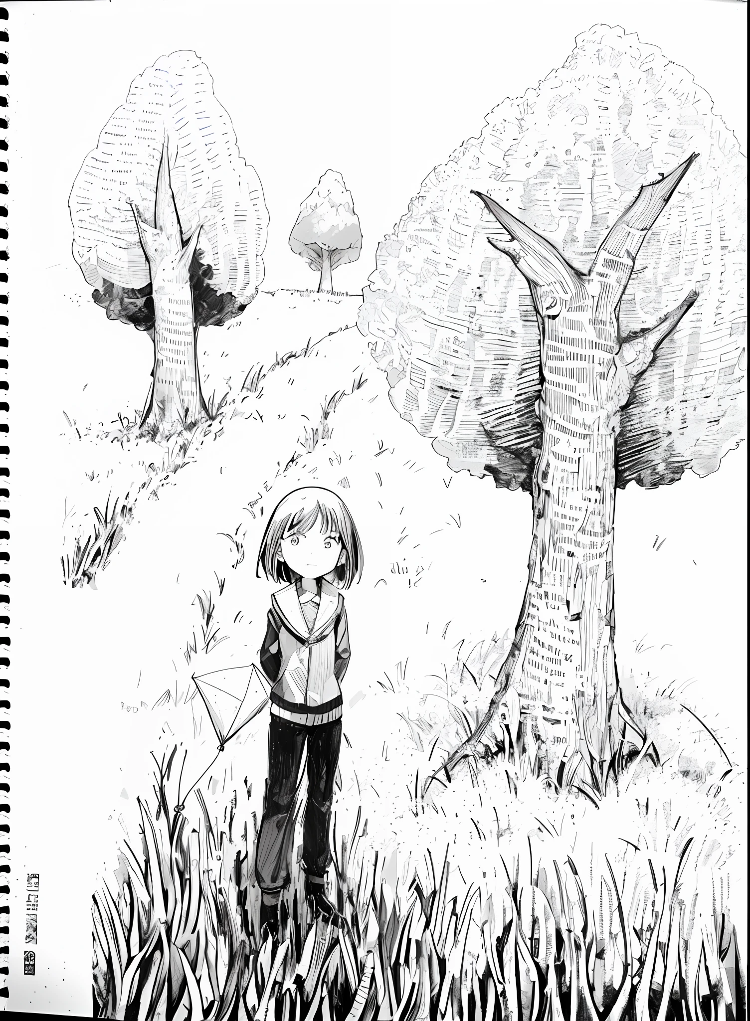 Draw a girl standing in a field with a kite, pencil and ink manga, black and white manga page, pencil and ink manga drawing, some trees in the background, with a tall tree, Standing in the forest, next to a tree, ink manga drawing, standing in forest, Inspired by Junji Ito, inspired by Ib Eisner, comic drawing