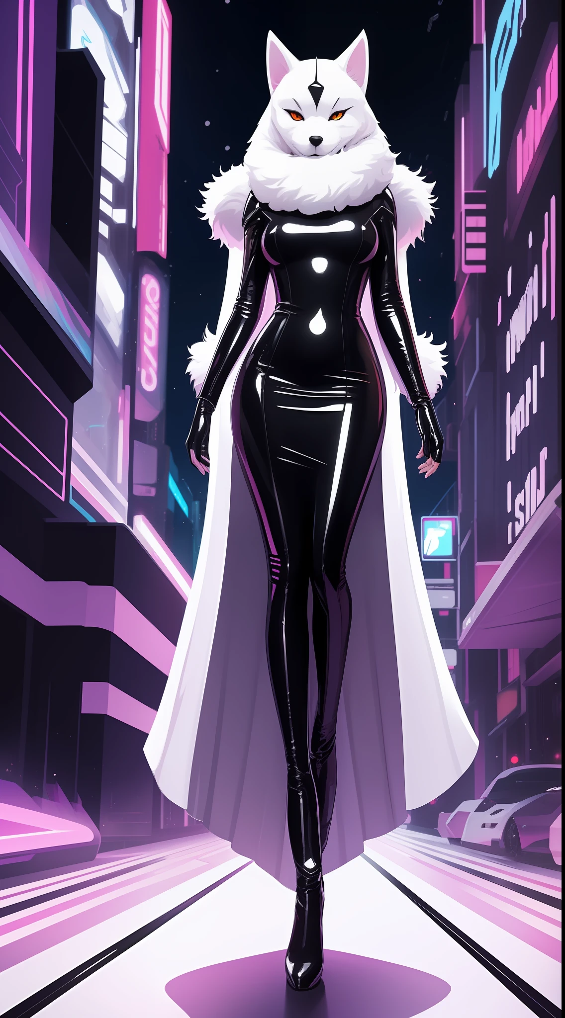 in frame, full body, furry art, white, animal doggy, dressed in Tight Slim Long Deep Black Shiny Metallic Latex Gown, sci-fi night city, vector art by Sōami, behance contest winner, furry art, fron, Marvel Comics aesthetic, centered artwork, perfect symmetry, Adobe Illustrator, 2d