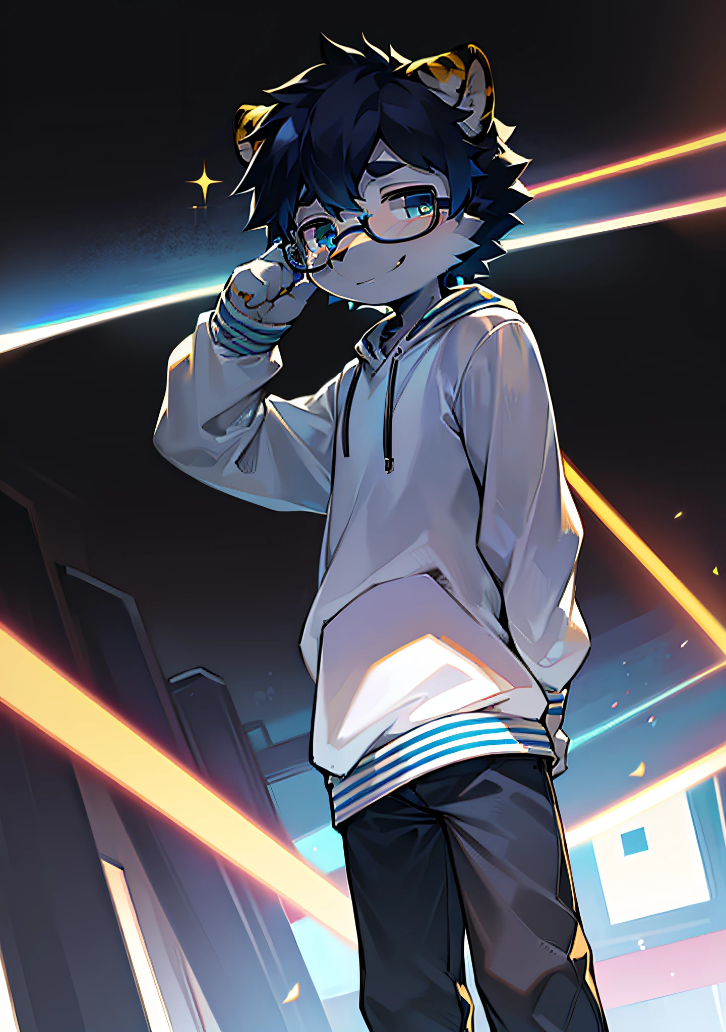 Bright environment:0.8),eyes with brightness, Upper body, Character focus.(detailedbackground:0.7), adolable,furry men,Young age,The head is on the large side,shaggy male,Sunny and cheerful,Smiling,Wear blue and black glasses,White sweatshirt,tigre,(Long felines,Shota,Normal standing posture)Steady and secure