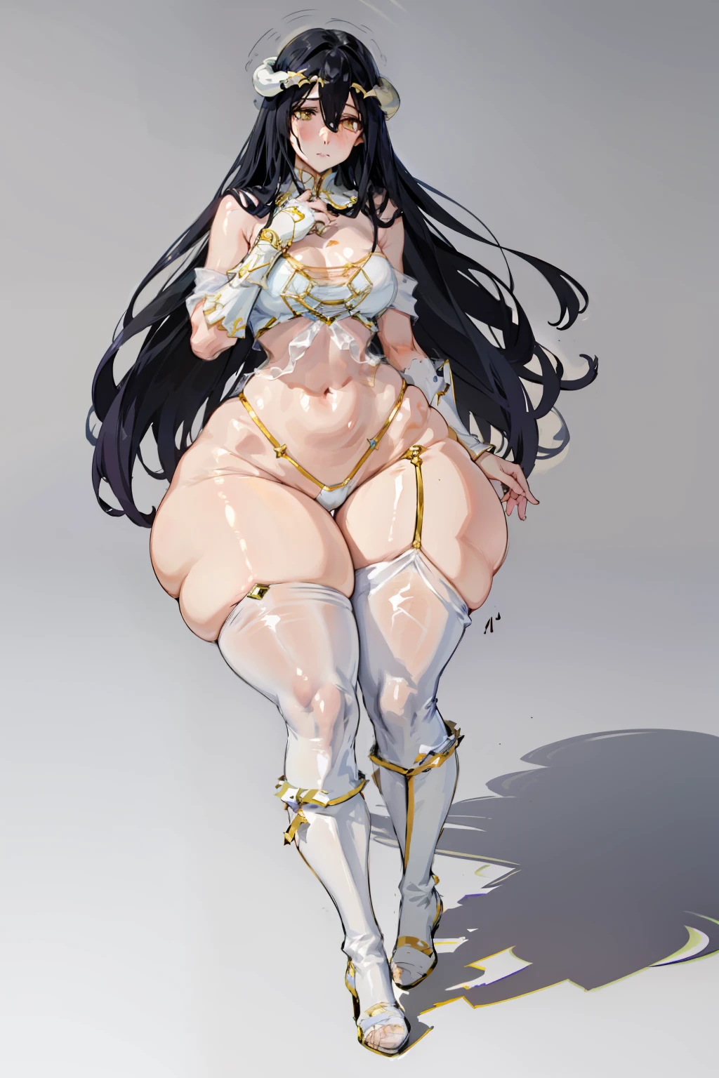 (masterpiece, best quality), intricate details 1girl, sivir, circlet, white scarf, bandeau, gauntlets, pelvic curtain, thighhighs, boots, bottomheavy, gigantic ass, hyper thighs,(masterpiece), (best quality), ultra high res, highly detailed , albedo , BREAK, circular , black feather tornado,