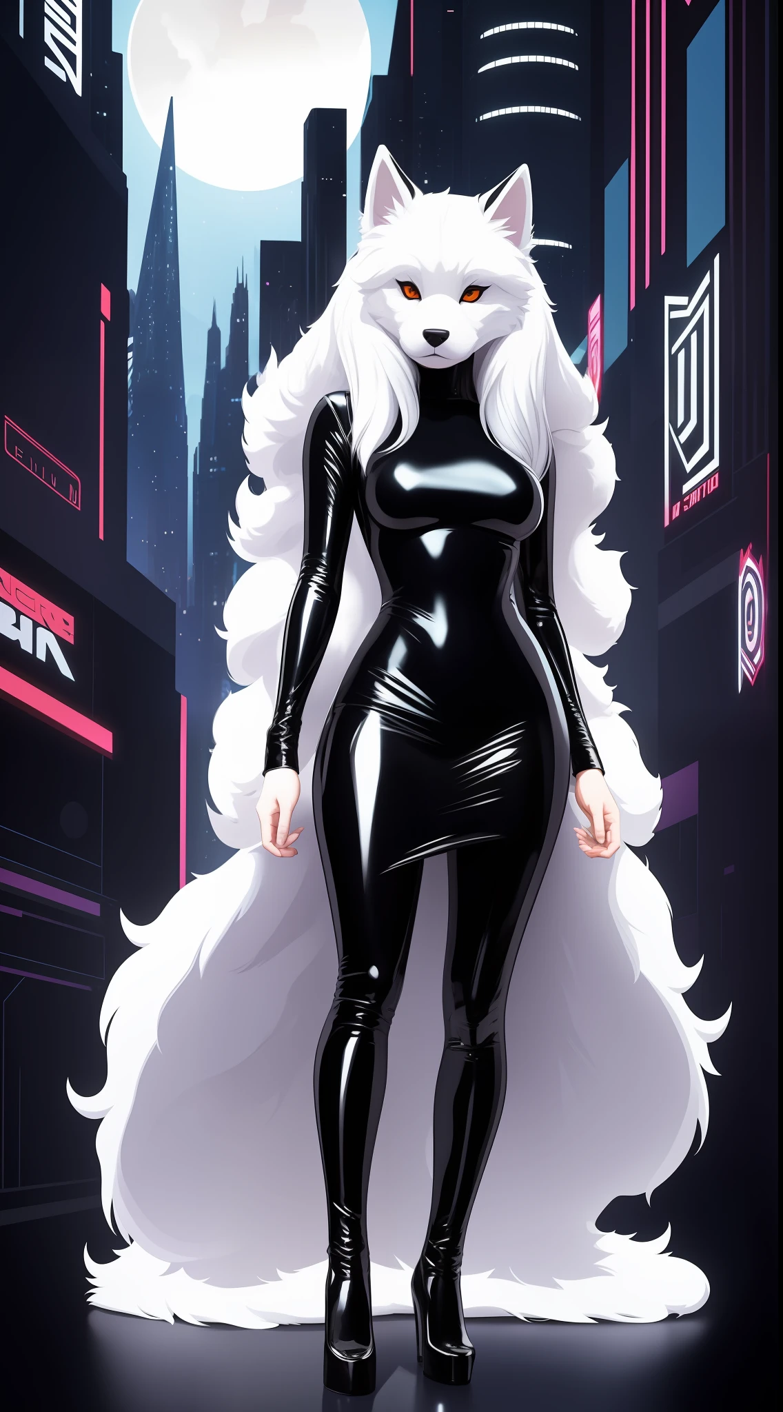 in frame, full body, furry art, white, animal doggy, dressed in Tight Slim Long Deep Black Shiny Metallic Latex Gown, sci-fi night city, vector art by Sōami, behance contest winner, furry art, fron, Marvel Comics aesthetic, centered artwork, perfect symmetry, Adobe Illustrator, 2d