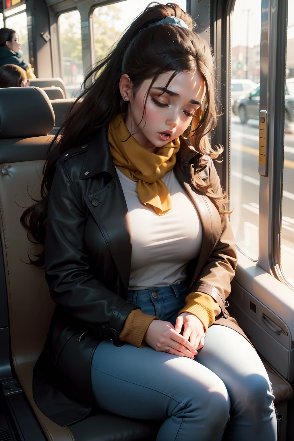 1 beautiful woman, large body, white skin, wavy brown hair, ponytail, eyelids with makeup, eyelids outlined with makeup, black polo shirt with a large neckline, long light blue jeans, mustard trench coat, brown high boots, mustard scarf, black handbag, asleep with her mouth open, asleep on the bus seat, her mouth open, her head shaking.