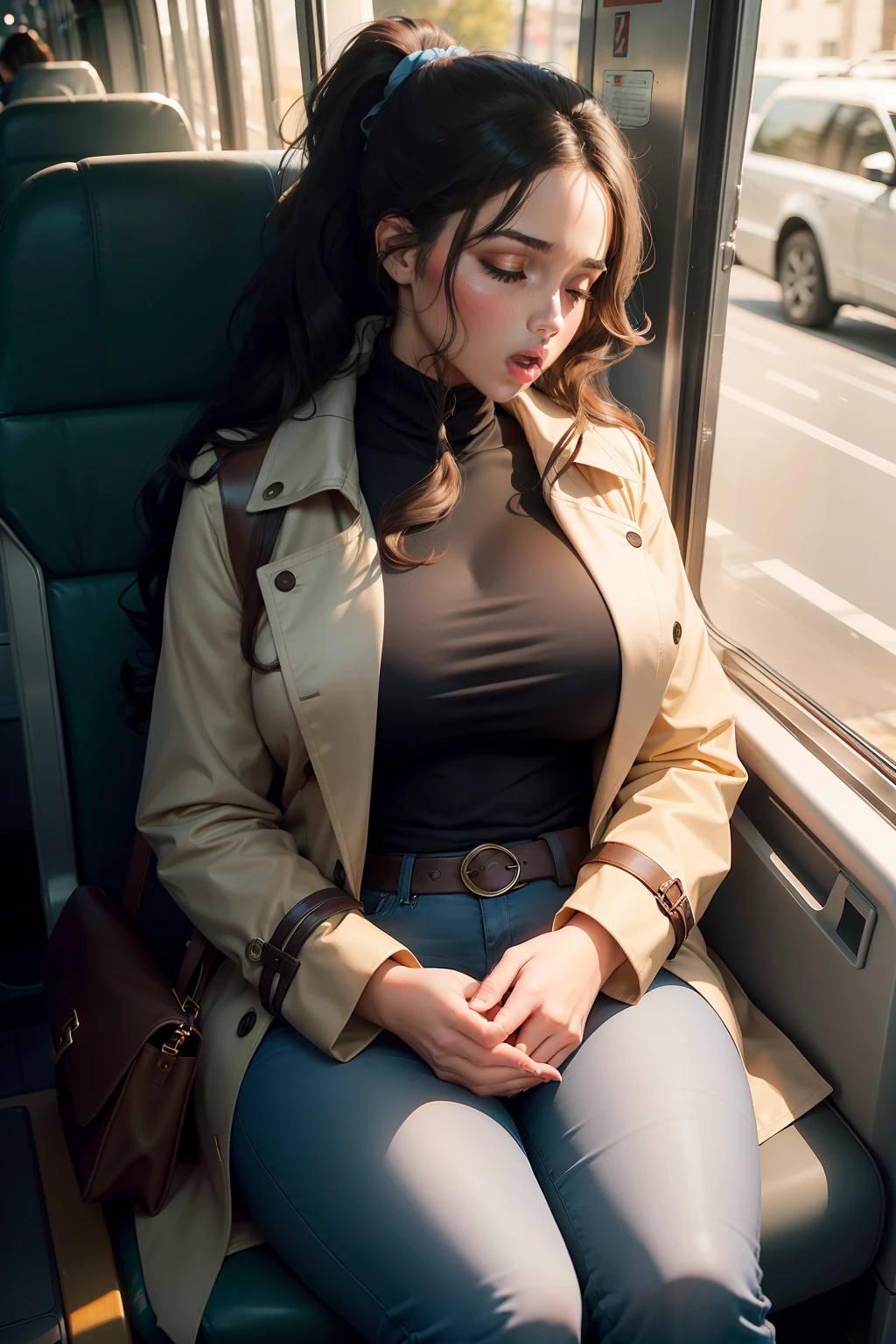 1 beautiful woman, large body, white skin, wavy brown hair, ponytail, eyelids with makeup, eyelids outlined with makeup, black polo shirt with a large neckline, long light blue jeans, mustard trench coat, brown high boots, mustard scarf, black handbag, asleep with her mouth open, asleep on the bus seat, her mouth open, her head shaking.