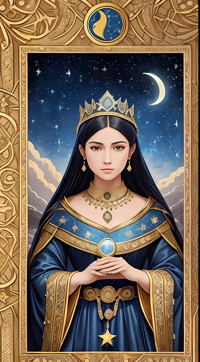 framed，tarot cards, border, tachi-e, （best images quality），（Extremely detailed description），1girll，Dressed in ancient queen costumes，（full bodyesbian），A brilliant scepter in your hand，Crown on head，（Very perfect figure），（Very detailed and perfect facial depiction），（Very detailed details of the face），Blue starry sky，（Very large moon close-up），Moonlight shines through the clouds，As estrelas（glitters），garments（blingbling），(The four sides of the image are surrounded by tarot-like borders)，（tmasterpiece），（8k wallpaper），mito，Fantasy theme，ultra-realistic realism，realisticlying