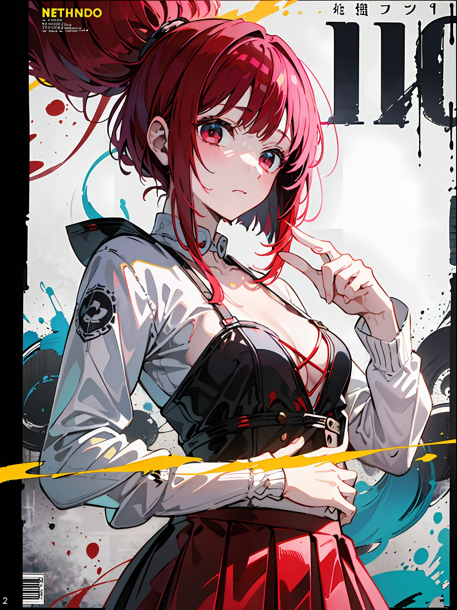 (masterpiece、top-quality、hight resolution)、 Kana Arima \(Oshinoko\), full of shyness、red hairs、Bob Hair、a miniskirt、Cheeks in a tight skirt、Wavy mouth、(((Dramatic)))、(((gritty)))、(((vehement))))The poster of the film appears as a central character。She is shy in the center of the poster、Wearing an idol costume、Has a determined look。The background is dark and rough、I feel like I'm drunk。Text is bold and eye-catching、Catchy slogans add to the overall drama and excitement。The color palette is dominated by dark colors.、Bright colors dotted、Make your poster dynamic and visually impactful、Tachi- e(magazine:1.3)、(cover-style:1.3)、Fashionable、with a vibrant、outfits、the pose、the front、colourfull、Dynamic、Background with、element、self-assured、Expressively、ngel、statement、attachment、An majestic、coiled、surroundings、Touch、The scene、Texto、covers、boldface、grab attention、Titles、lo fashion、Font、Catchy、Titles、Large、grab attention、moderno、 Trendy、concentrating、Stylish、1 girl in