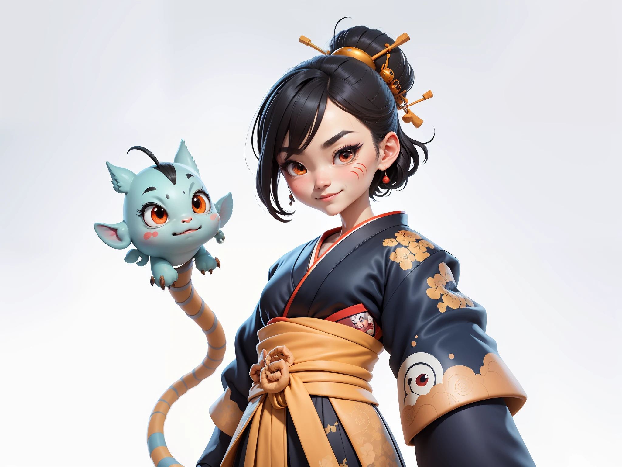 (Daisaku),(Need),(Super meticulous),(full bodyesbian:1.2),Japanese ukiyo-e girl，japanese geisha，Beautiful，Oriental dragon，Aeolian Thor，Raised sexy，爆乳，Oriental face，TV Anchor，Bust portrait illustration，Alone，In black suit，a blue tie，The face is slightly chubby，The face was clean，without a beard，Black super short hair，Black eyes，Smile confidently，3C computer sub-products，iPad， iphone，Digital painting，3D character design by Mark Clairen and Pixar and Hayao Miyazaki and Akira Toriyama，The illustration is a high-definition illustration in 4K resolution，With very detailed facial features and cartoon-style visuals。