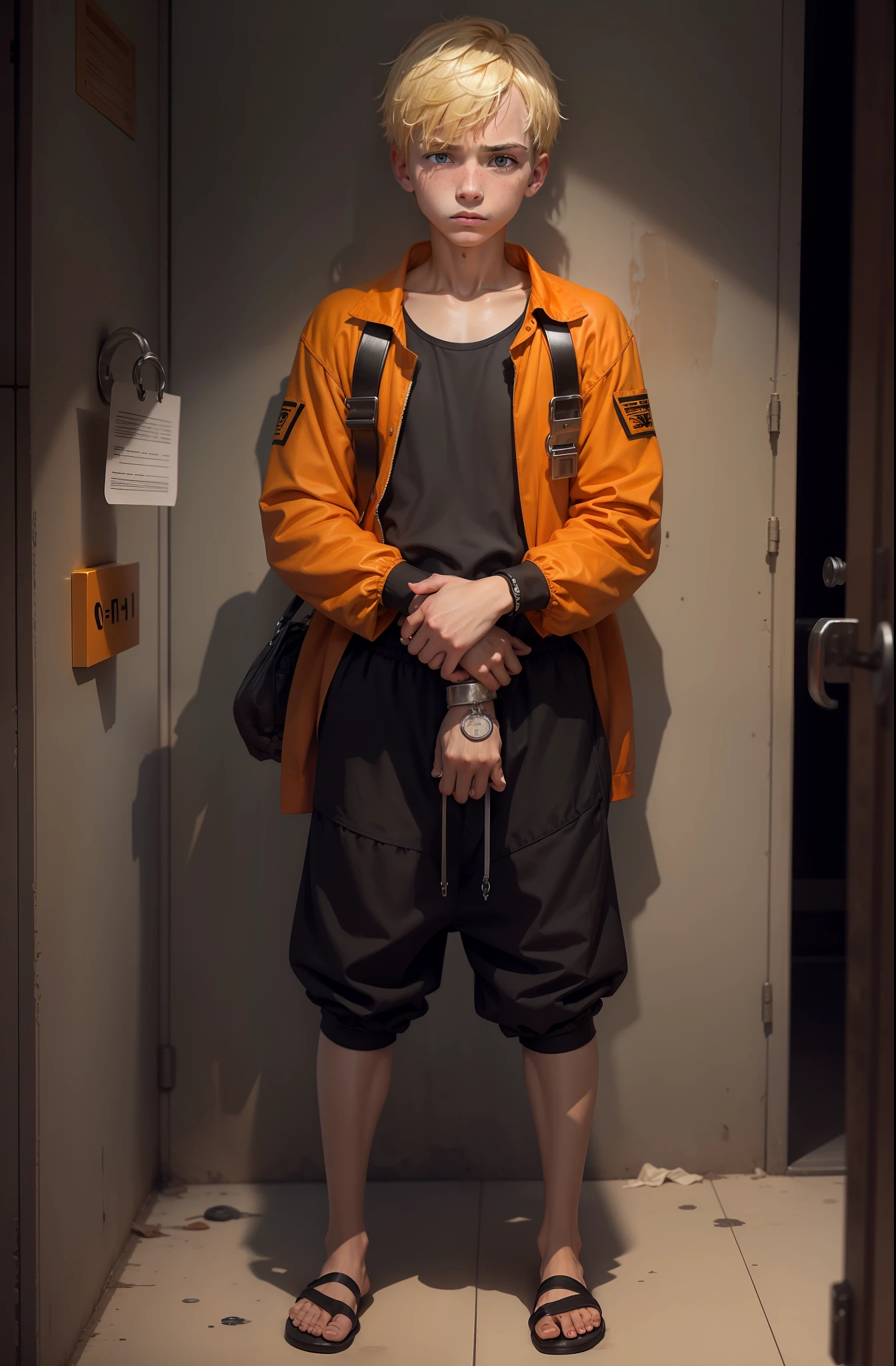 A 14-year-old blond boy had some filth on him,Wearing an orange one-piece prison suit,Handcuffs on their hands,Wearing leg irons on his feet,Wearing black flip-flops,He was escorted by prison guards,Melancholic look prison background