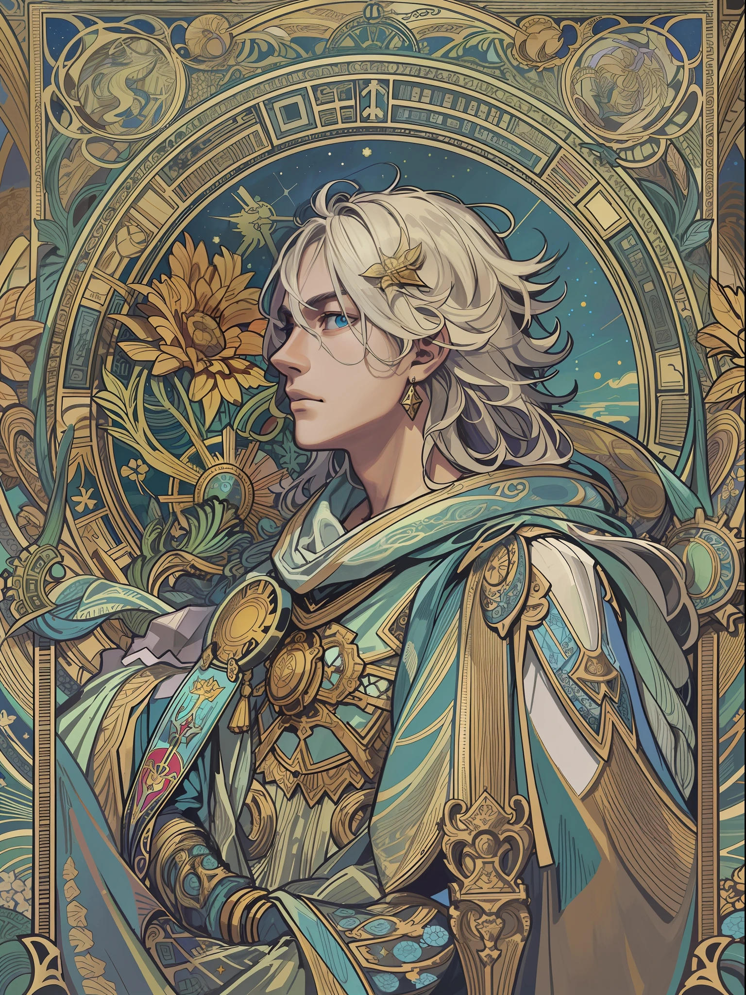 (Flat color:1.1),(Colorful:1.3),(Masterpiece:1.2), Best quality, Masterpiece, Original, 1 male paladin with a sword in his hand，Full body photo of men，Very detailed wallpaper,Solo，Blue starry sky，tarot card layout，Best quality, Masterpiece, (Realistic:0.6), Realistic lighting,Flower frame， Decorative panels， abstract artistic， Alphonse Mucha （tmasterpiece， best qualtiy， A high resolution： 1.4）， A detailed， Complicated details， 4K，cerulean， Line art， Fibonacci