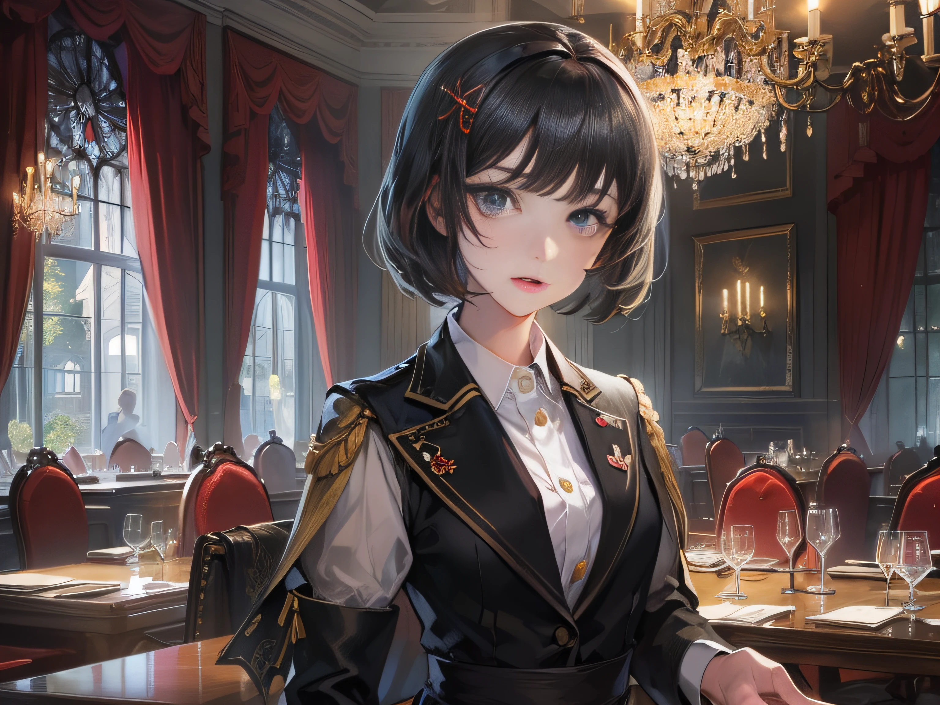 grand master，tmasterpiece，8k wallpaper，CG，Ultra-high image quality，light and shadow effect （A 20-year-old waitress in formal attire，She has short black hair：1.8） （The expression is arrogant：1.9） （Upper body display：1.6） dining room