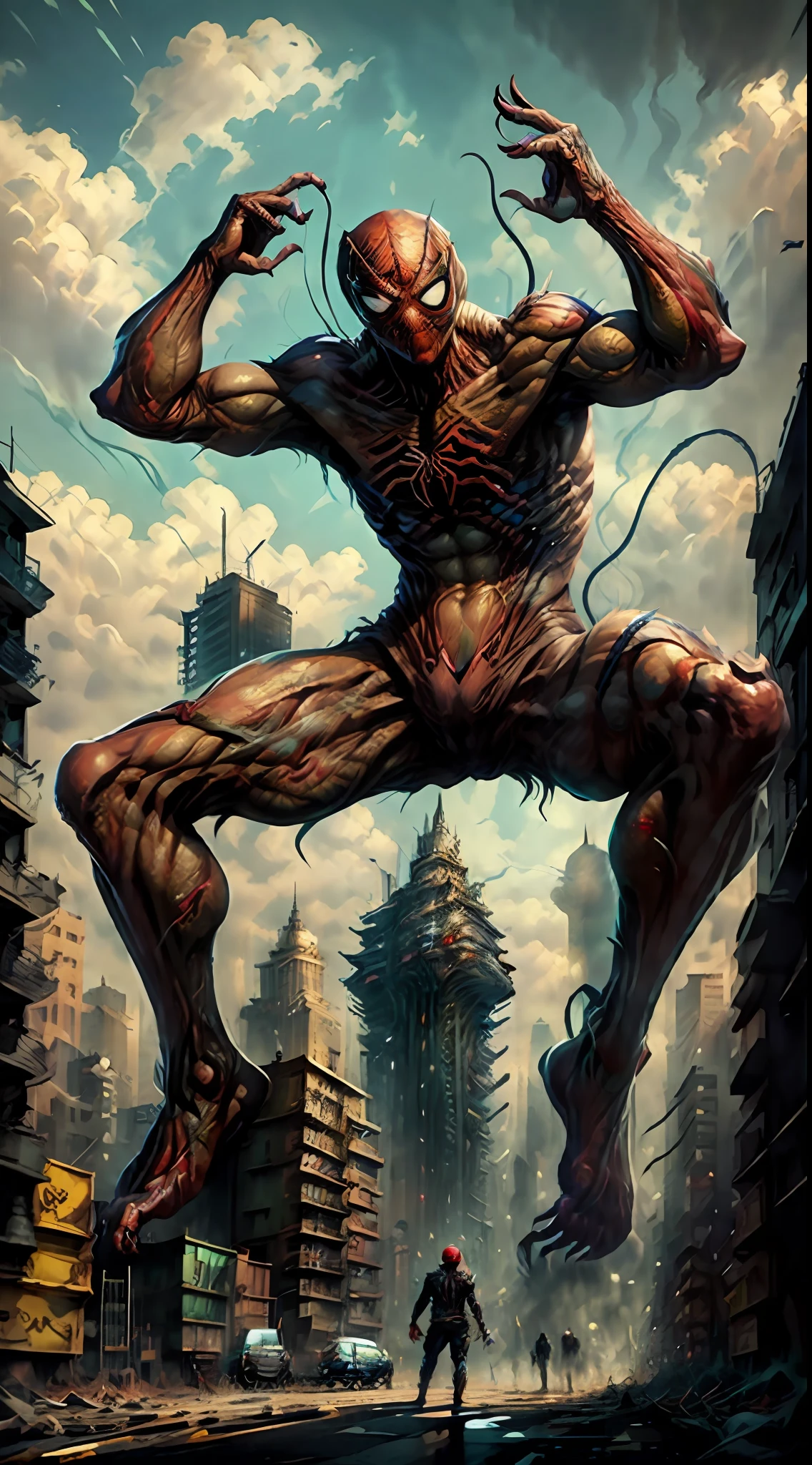 (8k, best quality, masterpiece:1.2), ultra realistic, masterpiece, solo, slum city backdrop, full body, monster, detailed backdrop, standing, spiderman