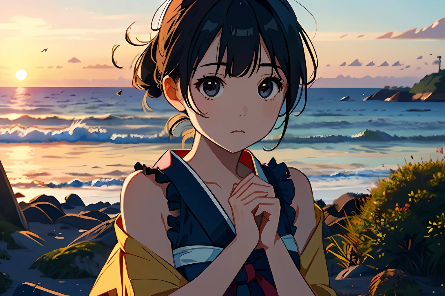 depth of field,
BREAK,
(1 girl, solo:1.2),solo focus,
anime,solo focus,outdoors,:3,ocean,Japanese scene,village,summer sky, close up , golden hours effect,  sunset