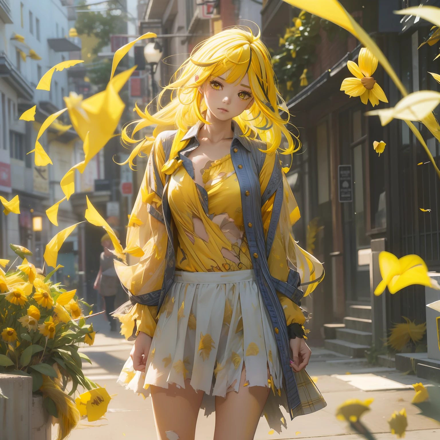 top-quality、Photorealsitic、8K、hight resolution、1girl in、femele、(Skindentation)、(large full breasts)、(profetional lighting、bokeh dof)、(a street)、(flower petals、many:0.6)、Sad face、fansty world(natta:1.2)、(Yellow hair:2.0)、(Torn blouse:1.5)、(Portate:0.6)、tatteredclothing、Damaged clothing、a gorgeous、Clothes torn、bloom、(Floating hair)、(light particules、lensflare、Luminous particles:0.6)、(dynamicposes:1.2)、softlighting、