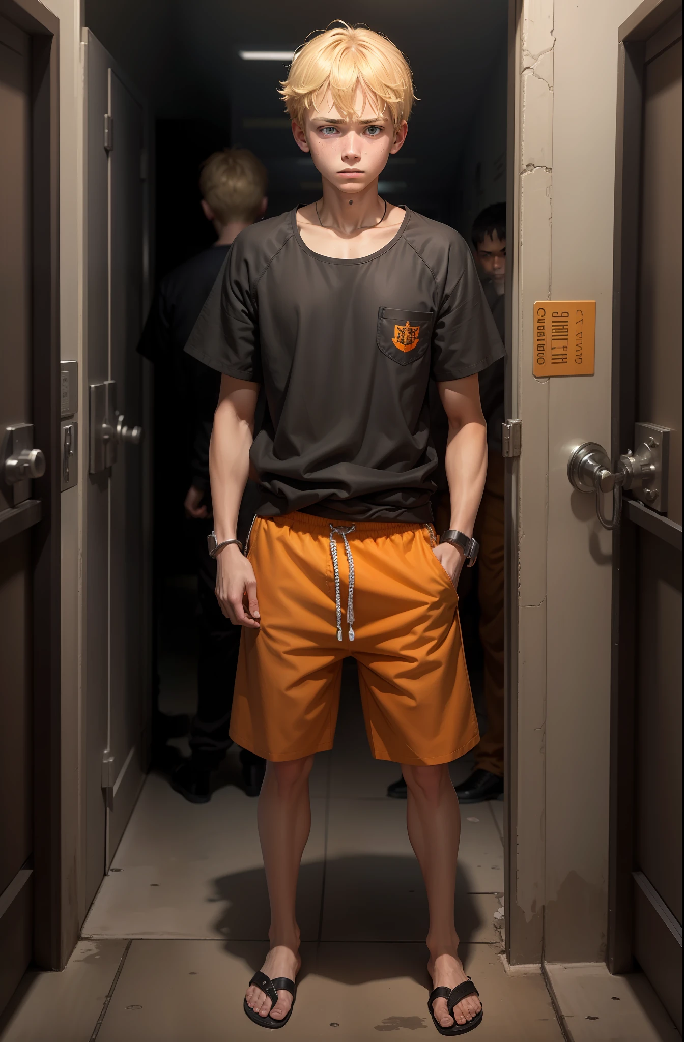 A blond boy had some filth on him,Wearing an orange one-piece prison suit,Handcuffs on their hands,Wearing leg irons on his feet,Wearing black flip-flops,He was escorted by prison guards,Melancholic look prison background