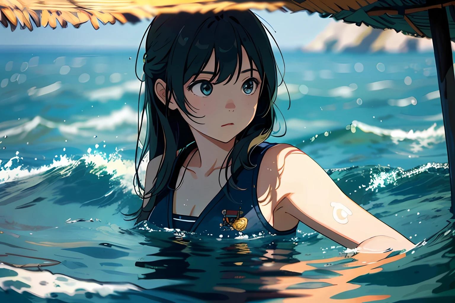 depth of field,
BREAK,
(1 girl, solo:1.2),solo focus,
anime,giels floating in the sea witg beautiful scenery, solo focus,outdoors,:3,ocean,Japanese scene,village,summer sky, golden hours effect