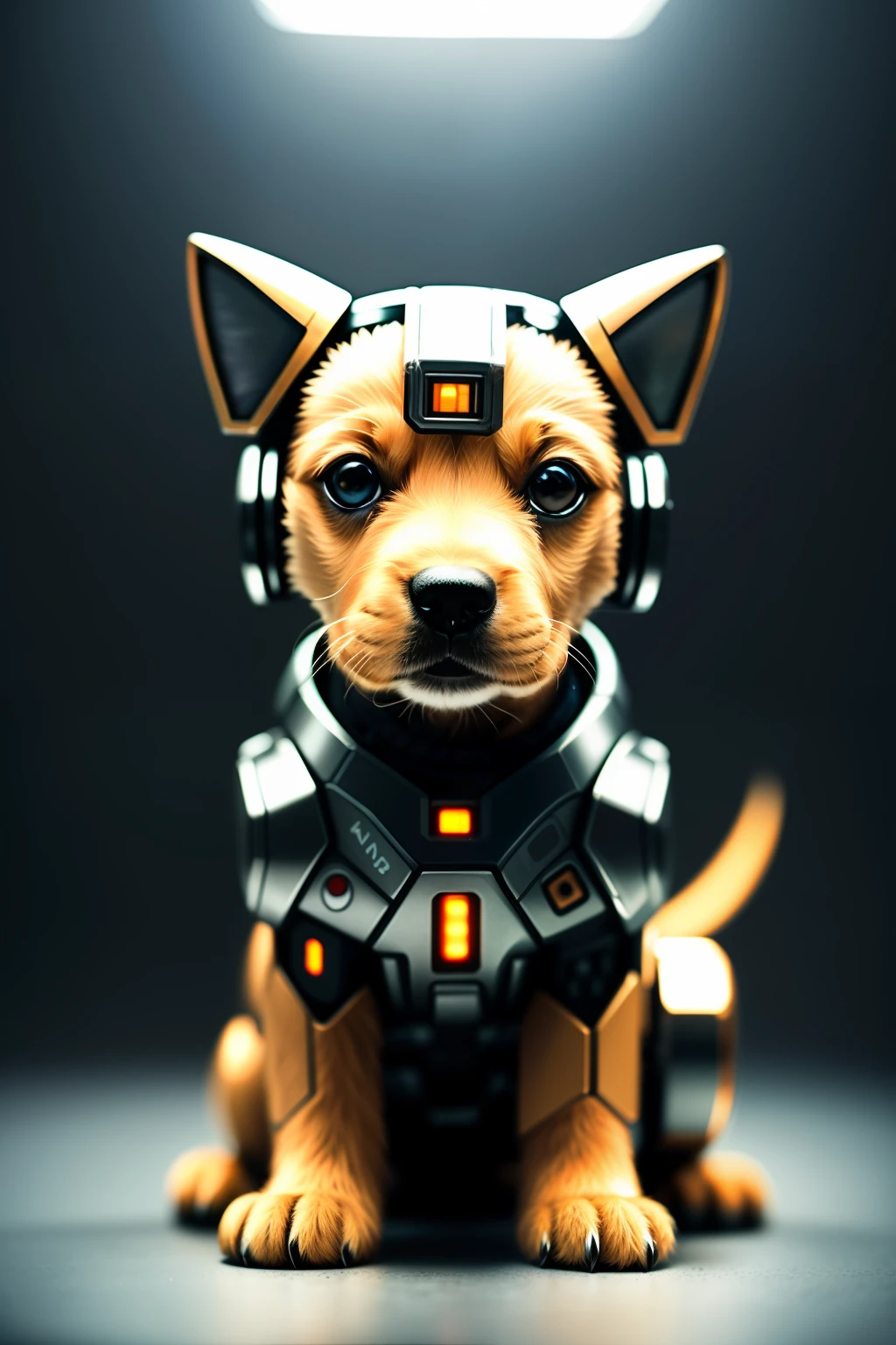 A cute puppy made of metal, (cyborg: 1.1), ([tail|detailed wire]: 1.3), (intricate detail), hdr, (hyperdetailed: 1.2), cinematic lens, halo shadow, centered